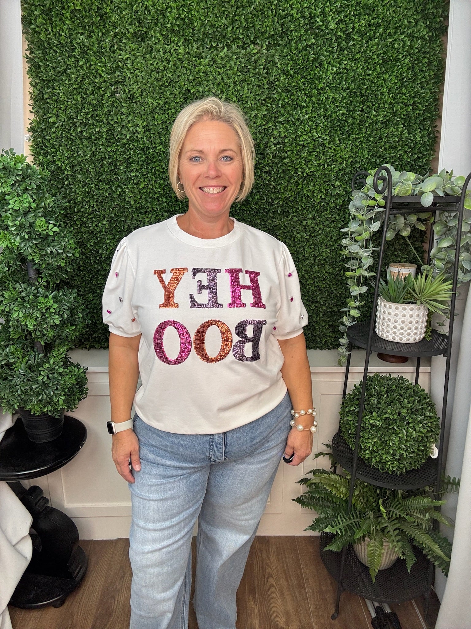 Sequin 'Hey Boo' on Puff Sleeve Tee - White