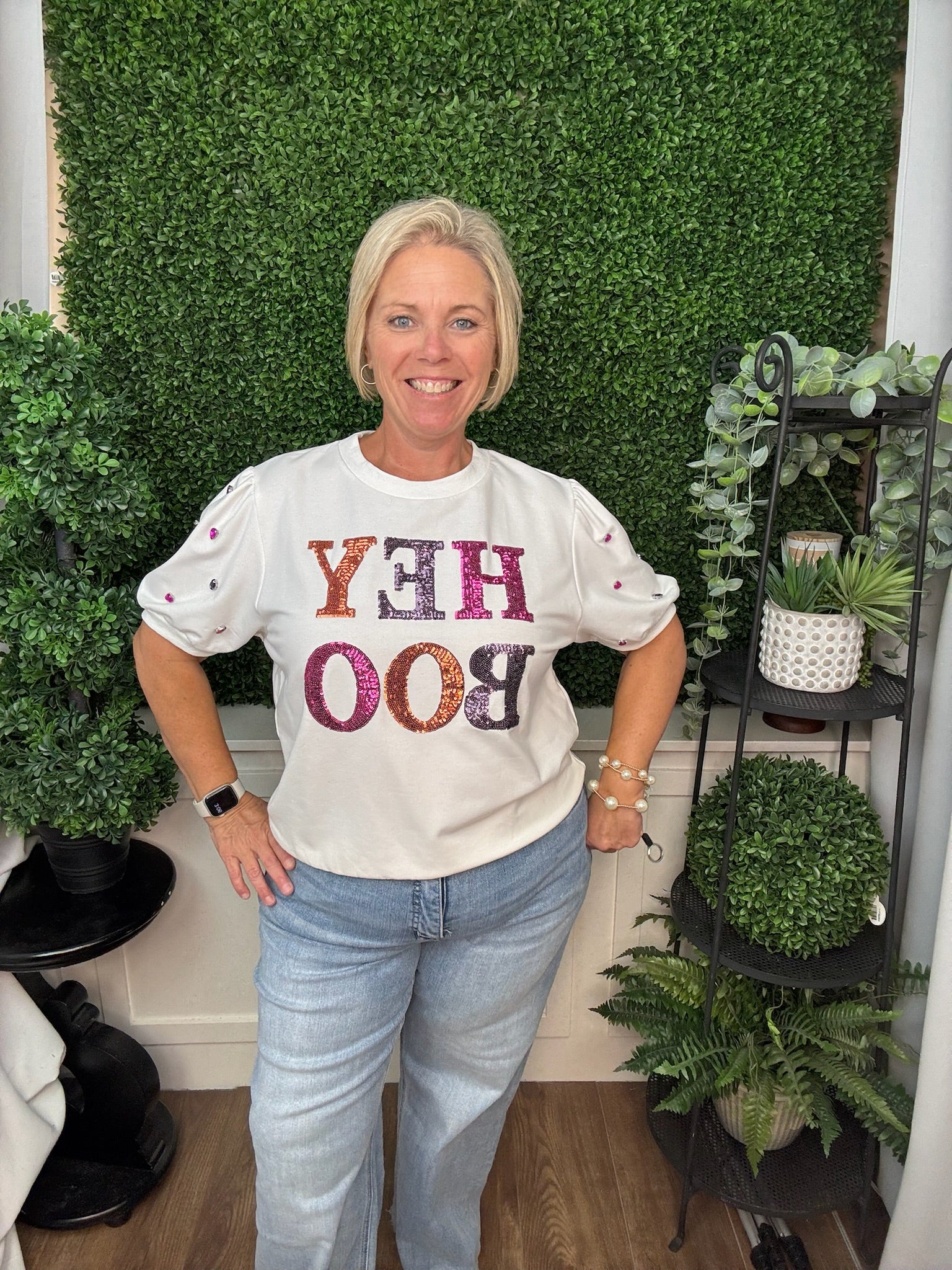 Sequin 'Hey Boo' on Puff Sleeve Tee - White