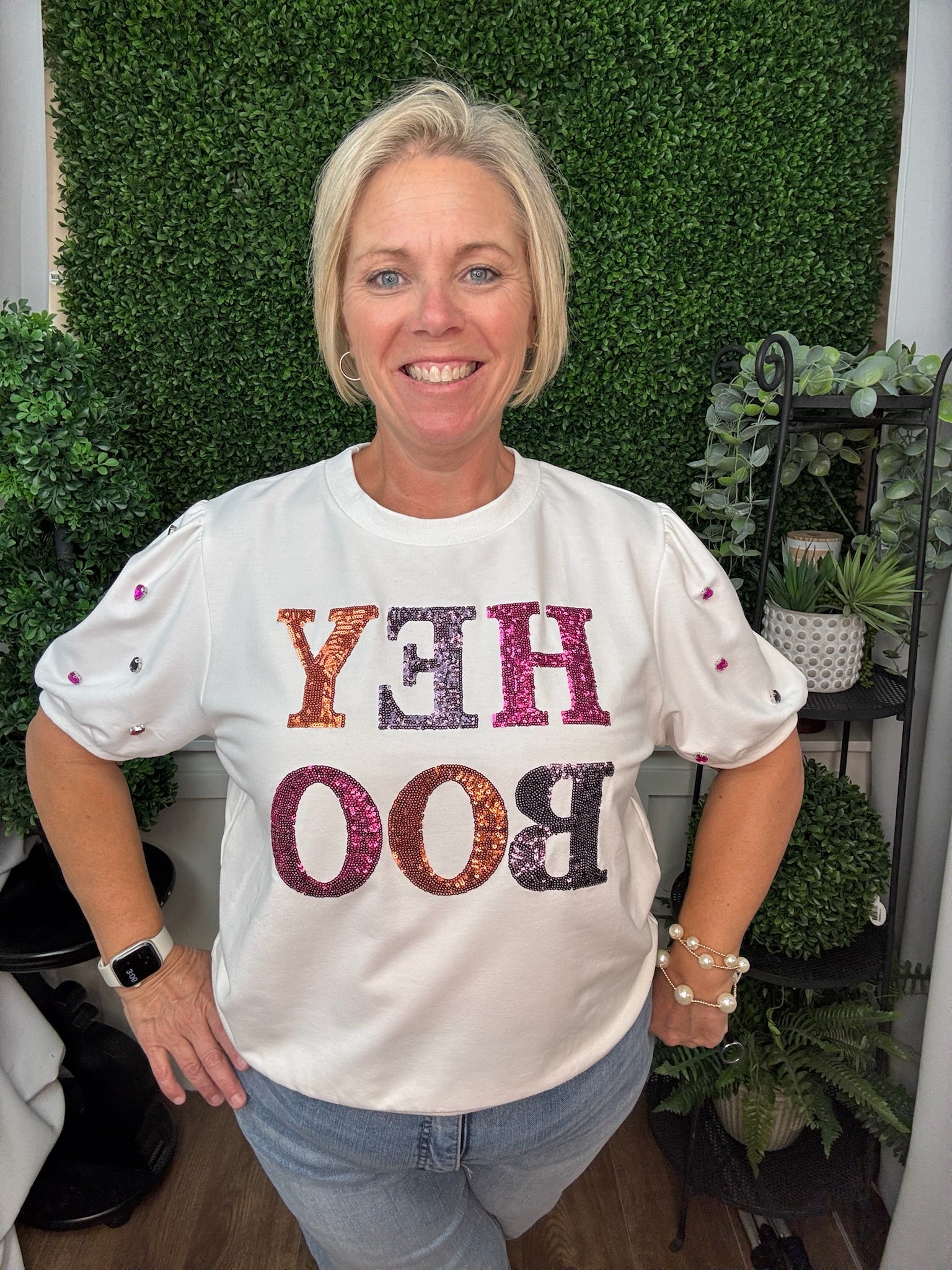Sequin 'Hey Boo' on Puff Sleeve Tee - White