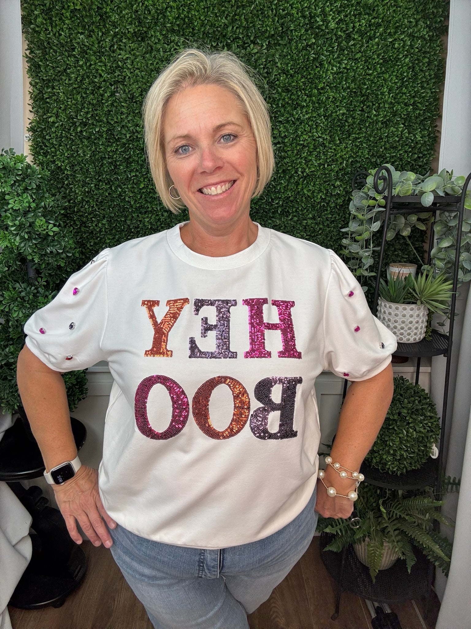 Sequin 'Hey Boo' on Puff Sleeve Tee - White