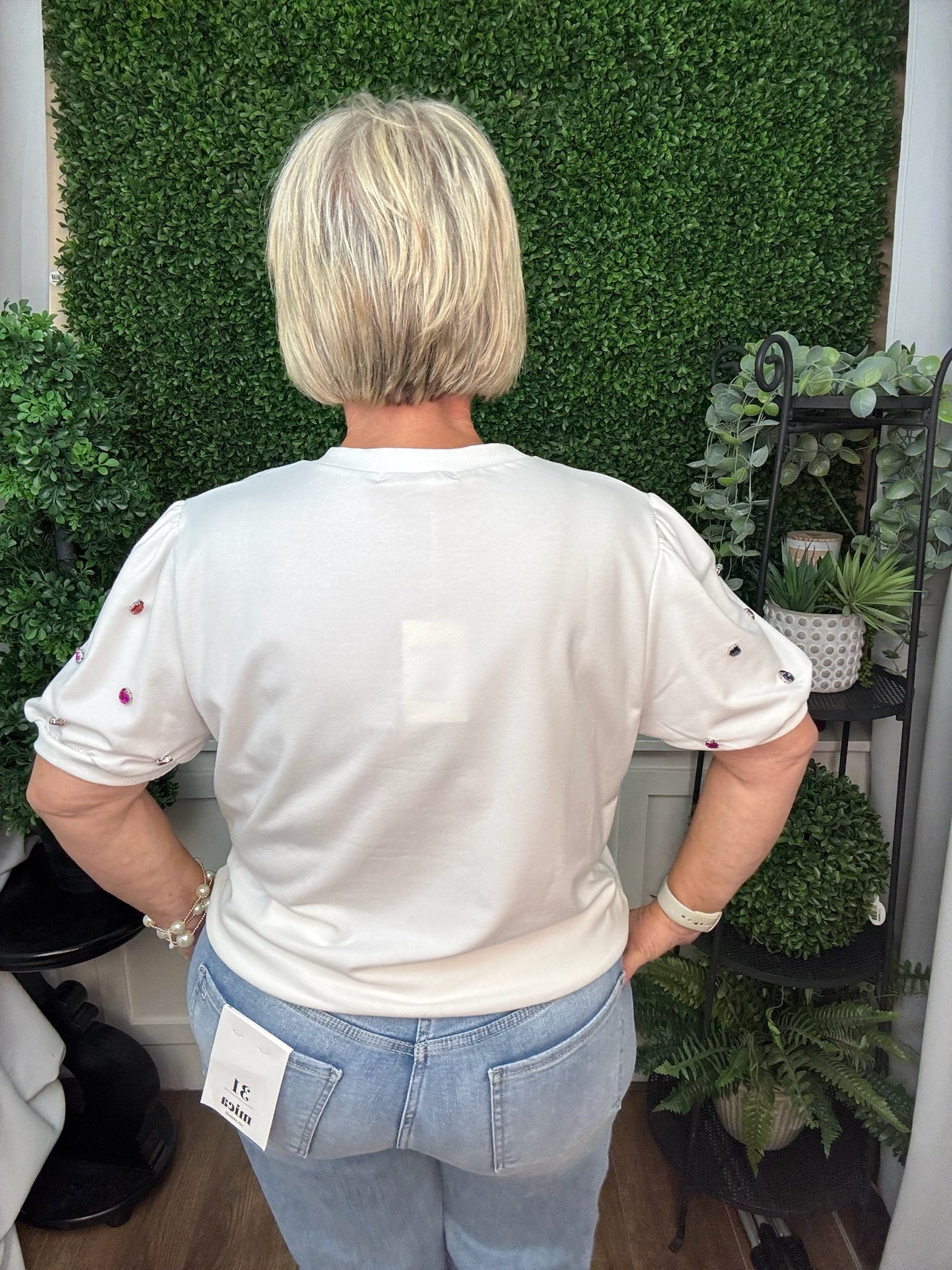 Sequin 'Hey Boo' on Puff Sleeve Tee - White