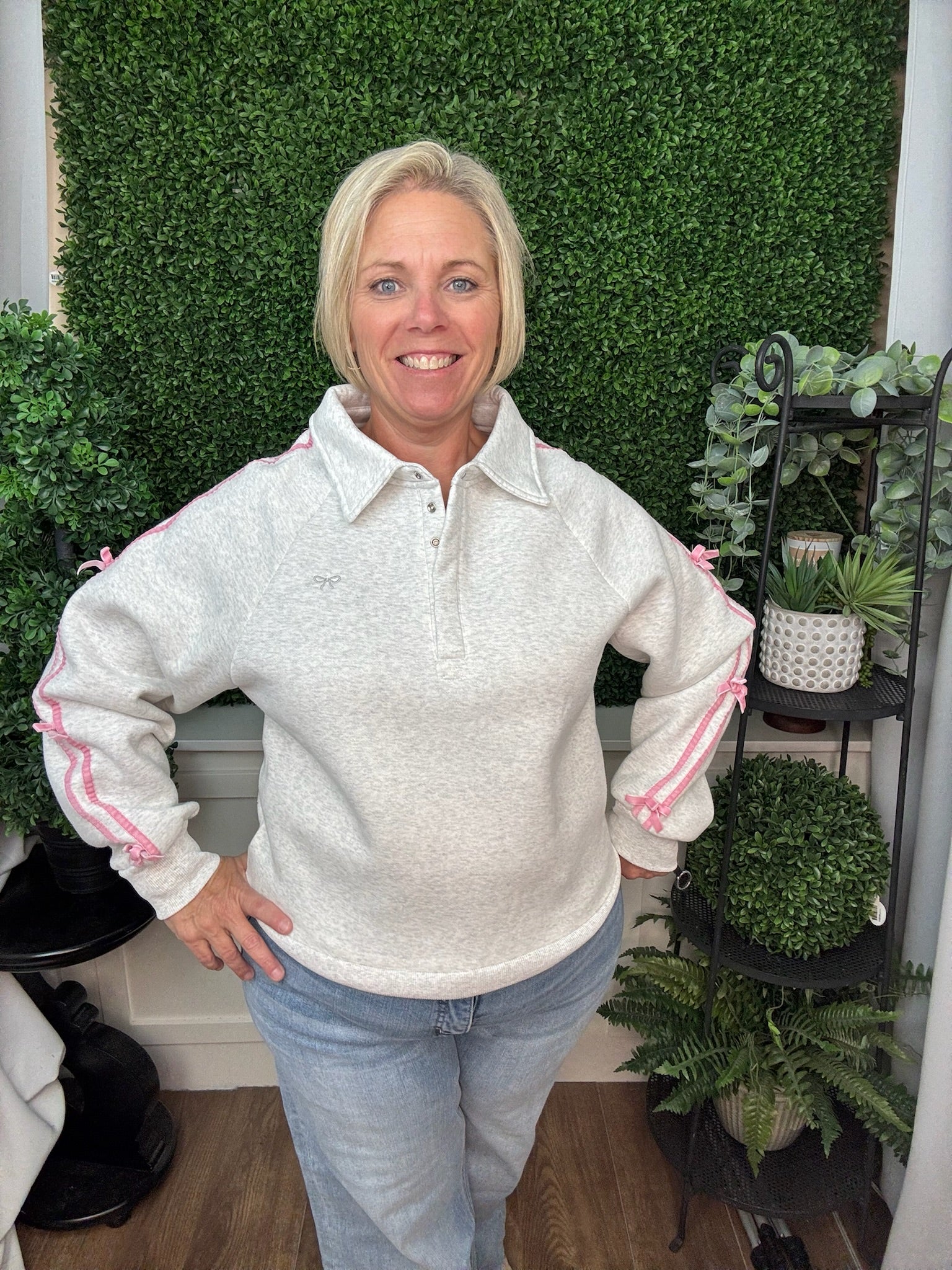 QUILTED SNAP PULLOVER - LIGHT GREY
