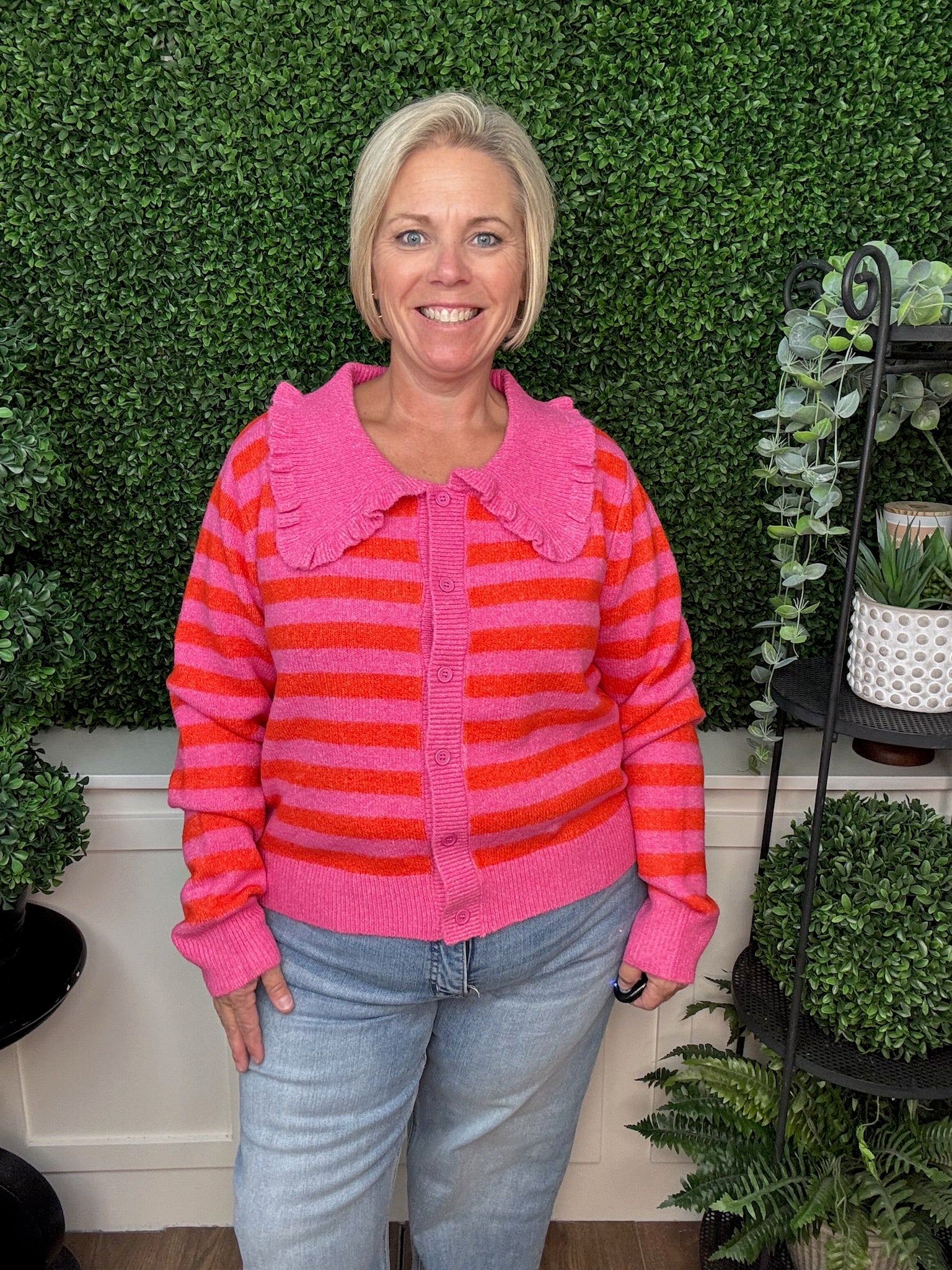 LONG SLEEVE COLLARED STRIPED BUTTON DOWN KNIT CARDIGAN - HOT PINK
