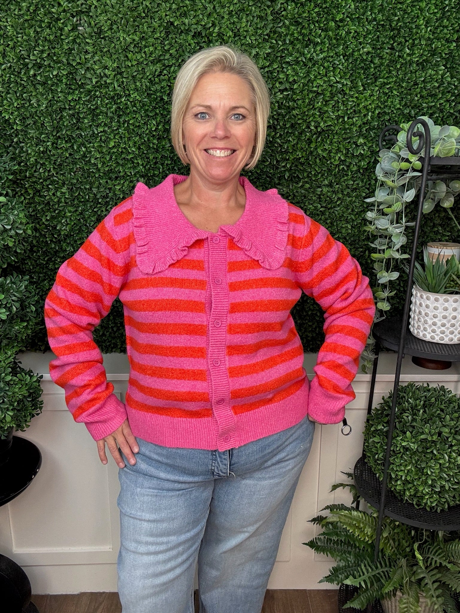 LONG SLEEVE COLLARED STRIPED BUTTON DOWN KNIT CARDIGAN - HOT PINK