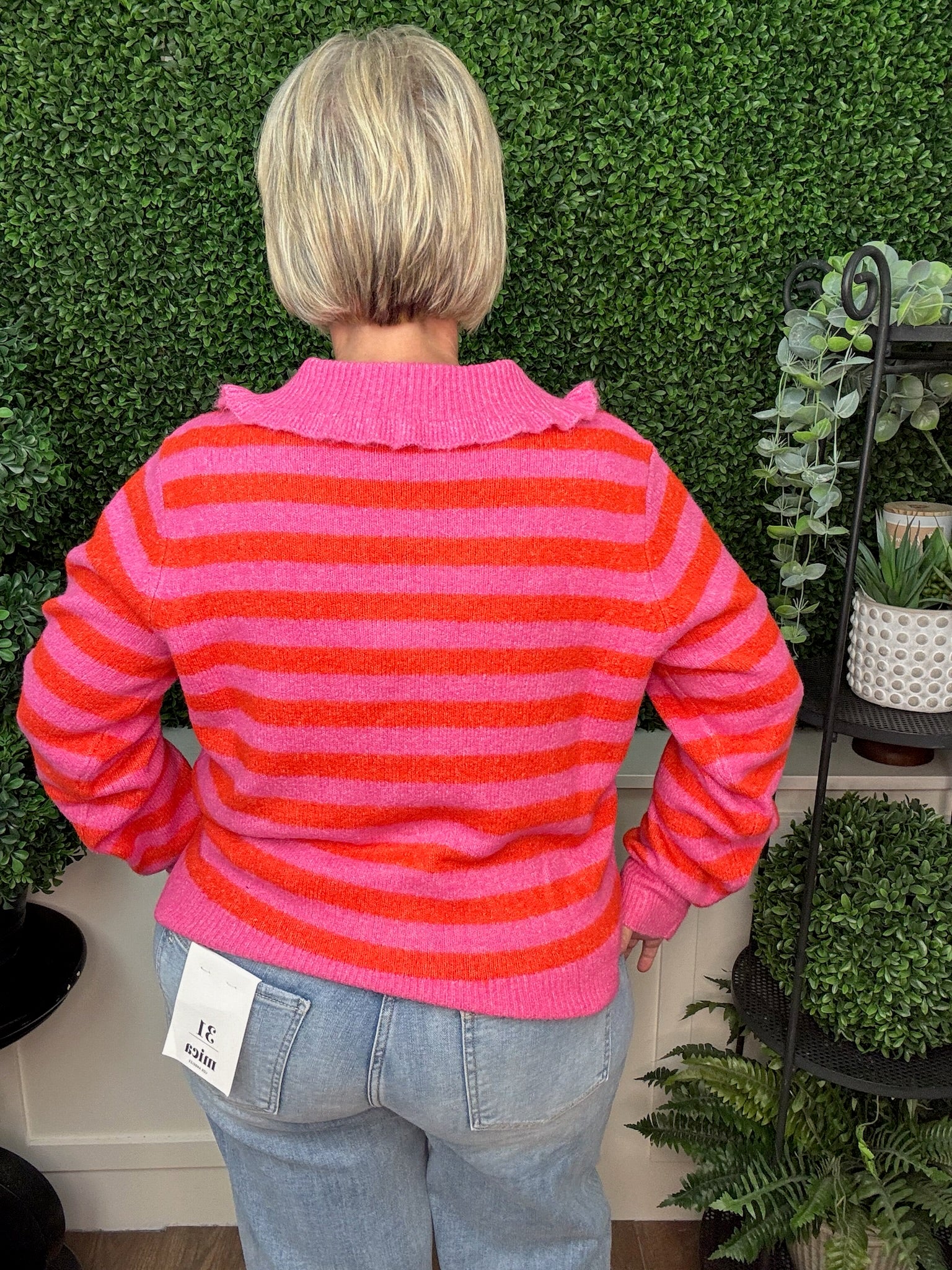 LONG SLEEVE COLLARED STRIPED BUTTON DOWN KNIT CARDIGAN - HOT PINK