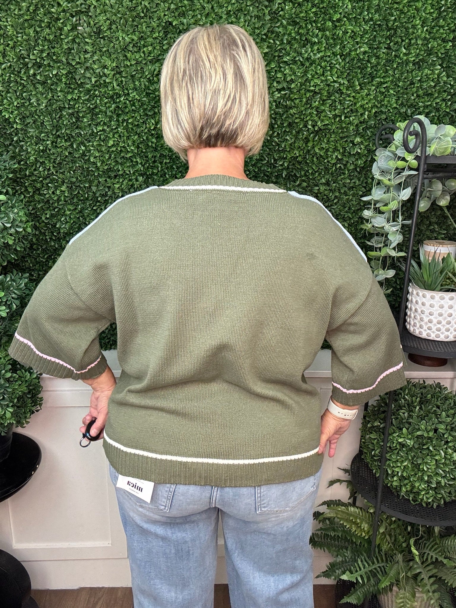 1/2 SLEEVE CONTRAST LINED SWEATER - OLIVE