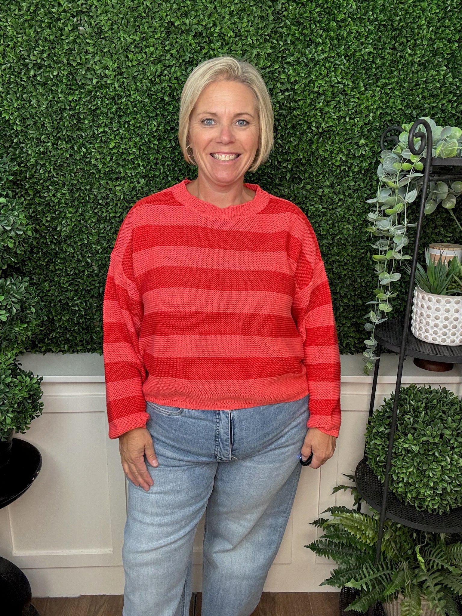 Striped Lightweight Knit Pullover Sweater - Coral