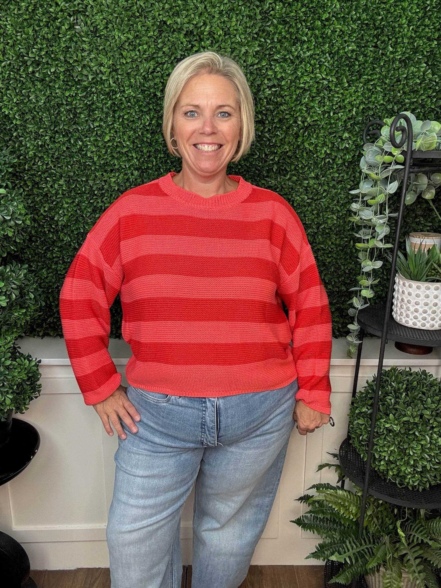 Striped Lightweight Knit Pullover Sweater - Coral