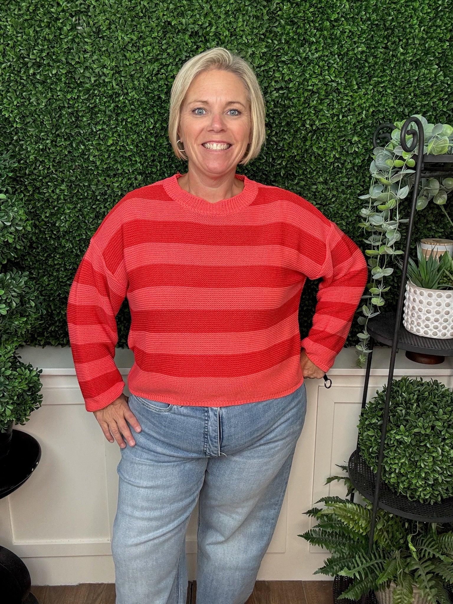 Striped Lightweight Knit Pullover Sweater - Coral
