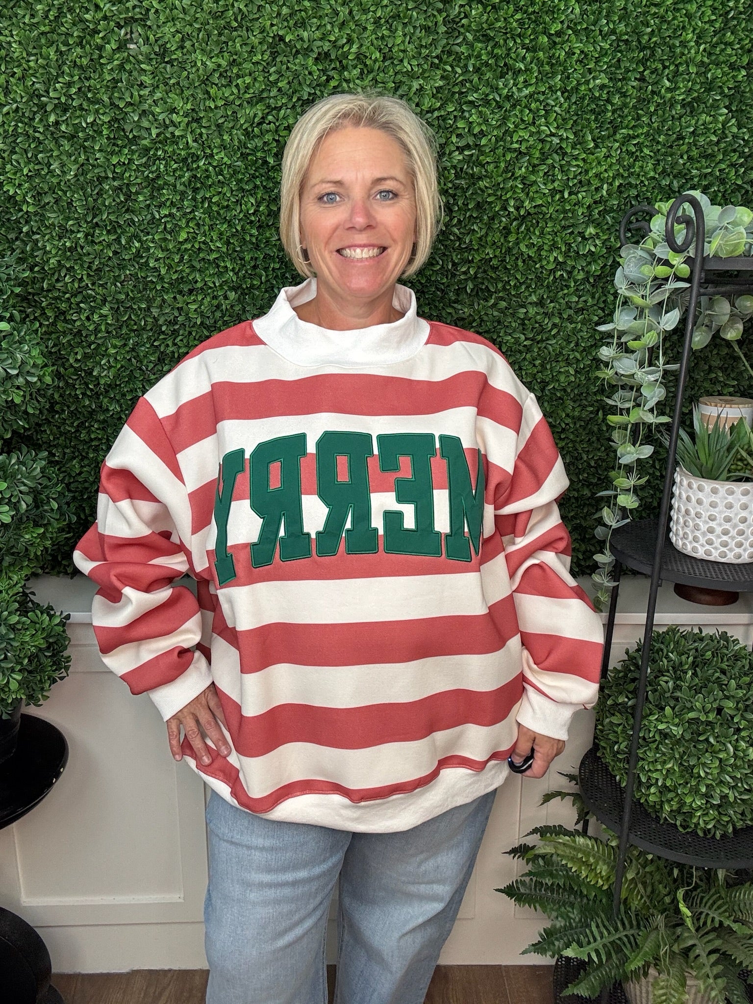 EMBROIDERED MERRY MOCK NECK SWEATSHIRT - RED/WHITE
