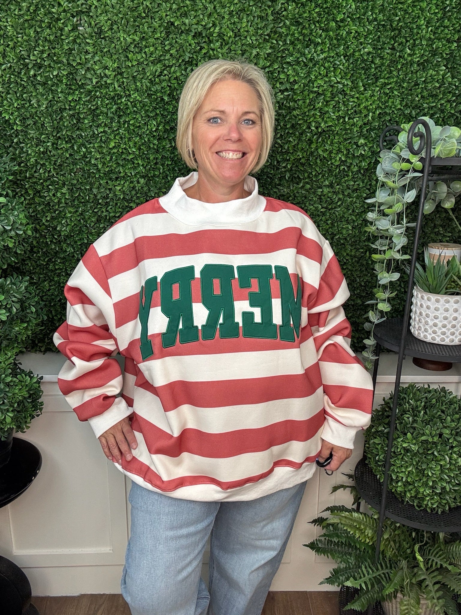 EMBROIDERED MERRY MOCK NECK SWEATSHIRT - RED/WHITE
