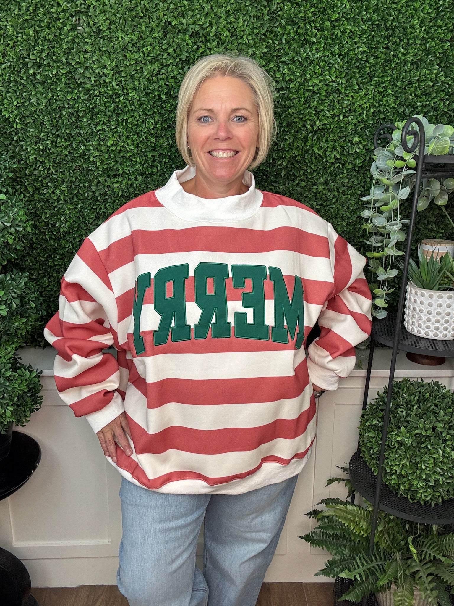 EMBROIDERED MERRY MOCK NECK SWEATSHIRT - RED/WHITE
