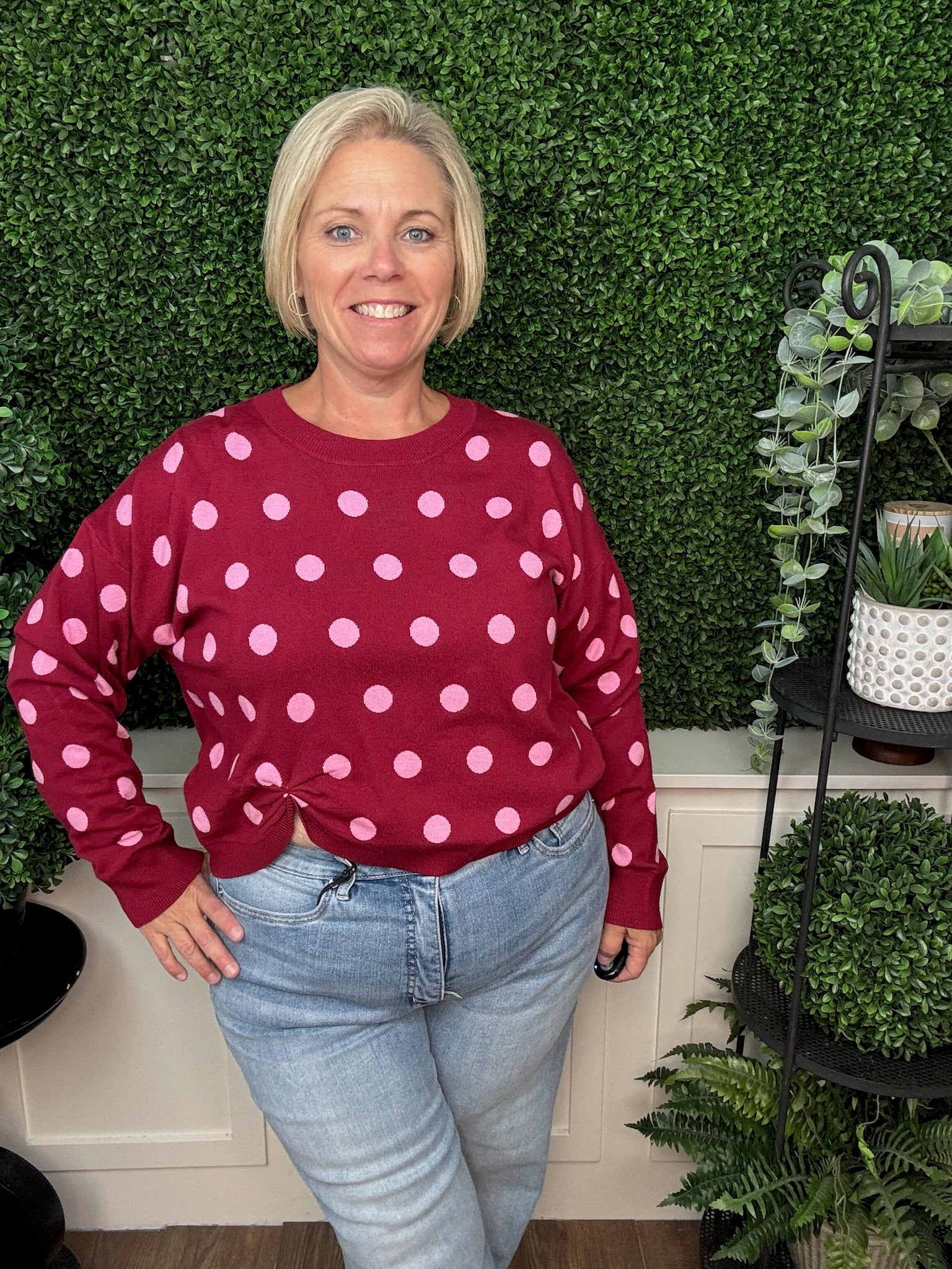 POLKA DOT CREW NECK SWEATER WITH FRONT KNOT DETAIL - BURGUNDY