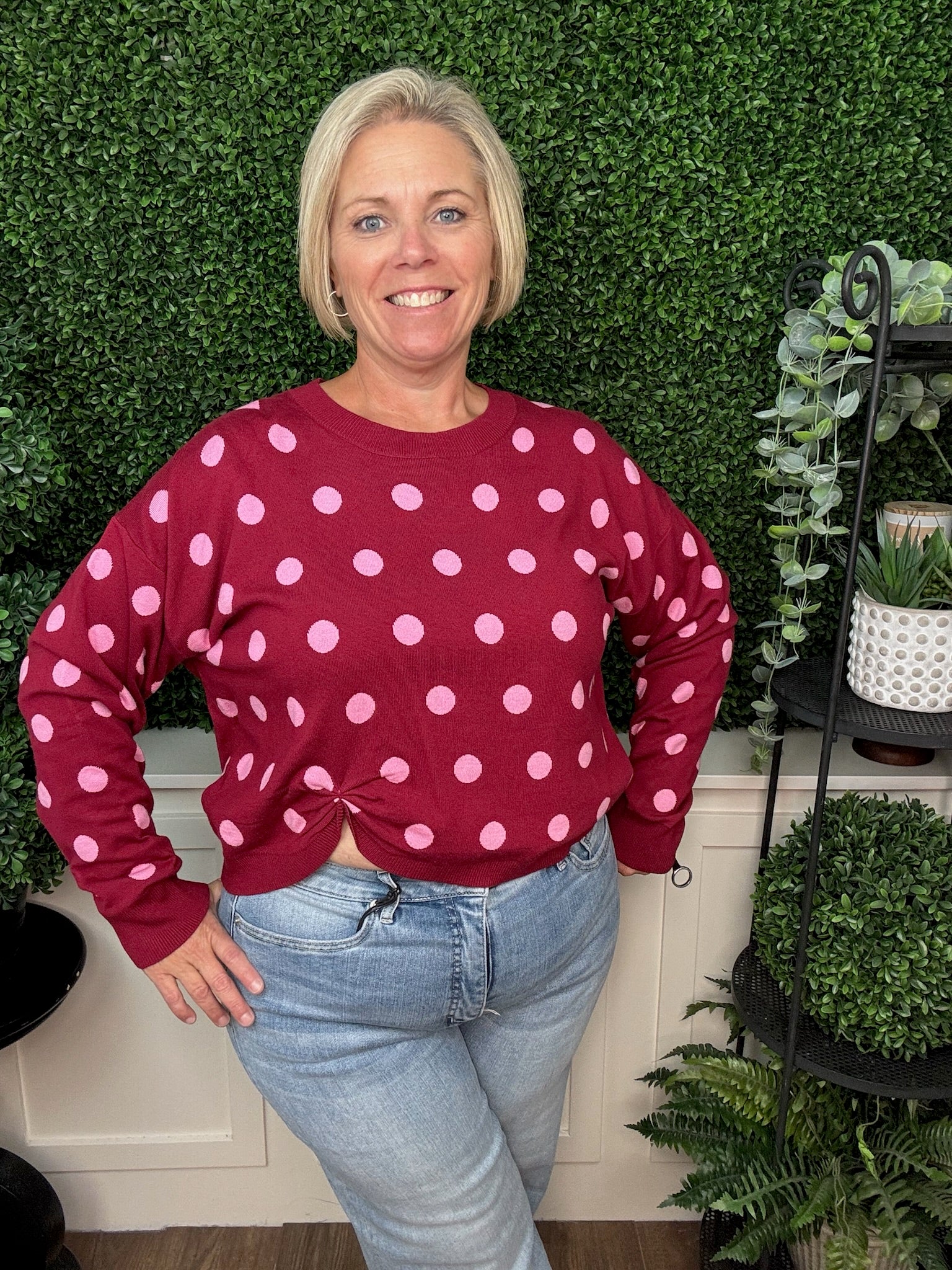 POLKA DOT CREW NECK SWEATER WITH FRONT KNOT DETAIL - BURGUNDY