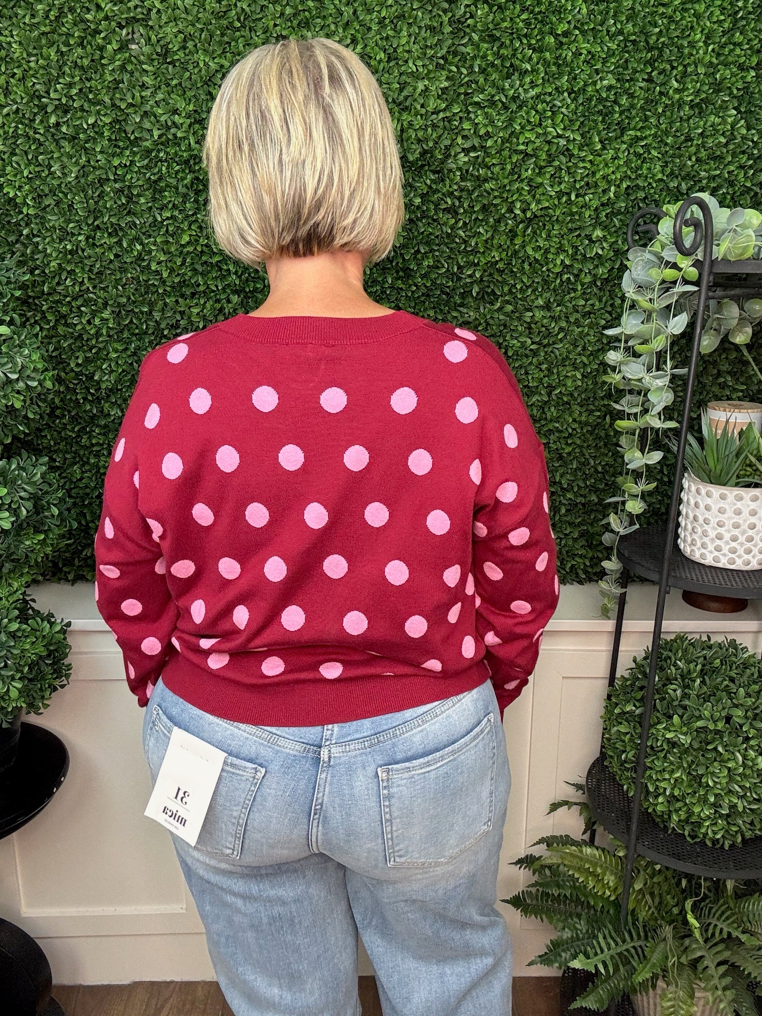 POLKA DOT CREW NECK SWEATER WITH FRONT KNOT DETAIL - BURGUNDY