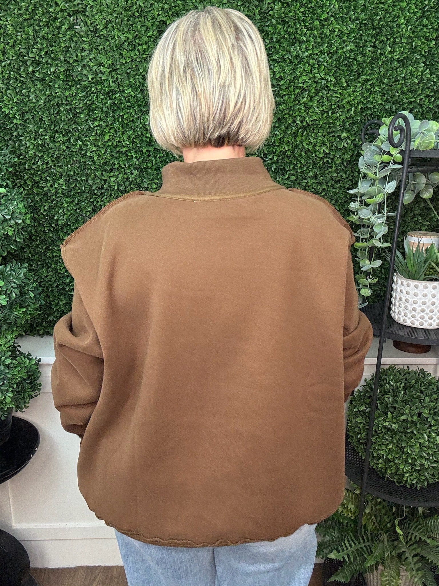 'PROVERBS 31:25' SCRIPT-COLLAR APPLIQUE MOCK-NECK SWEATSHIRT - BROWN