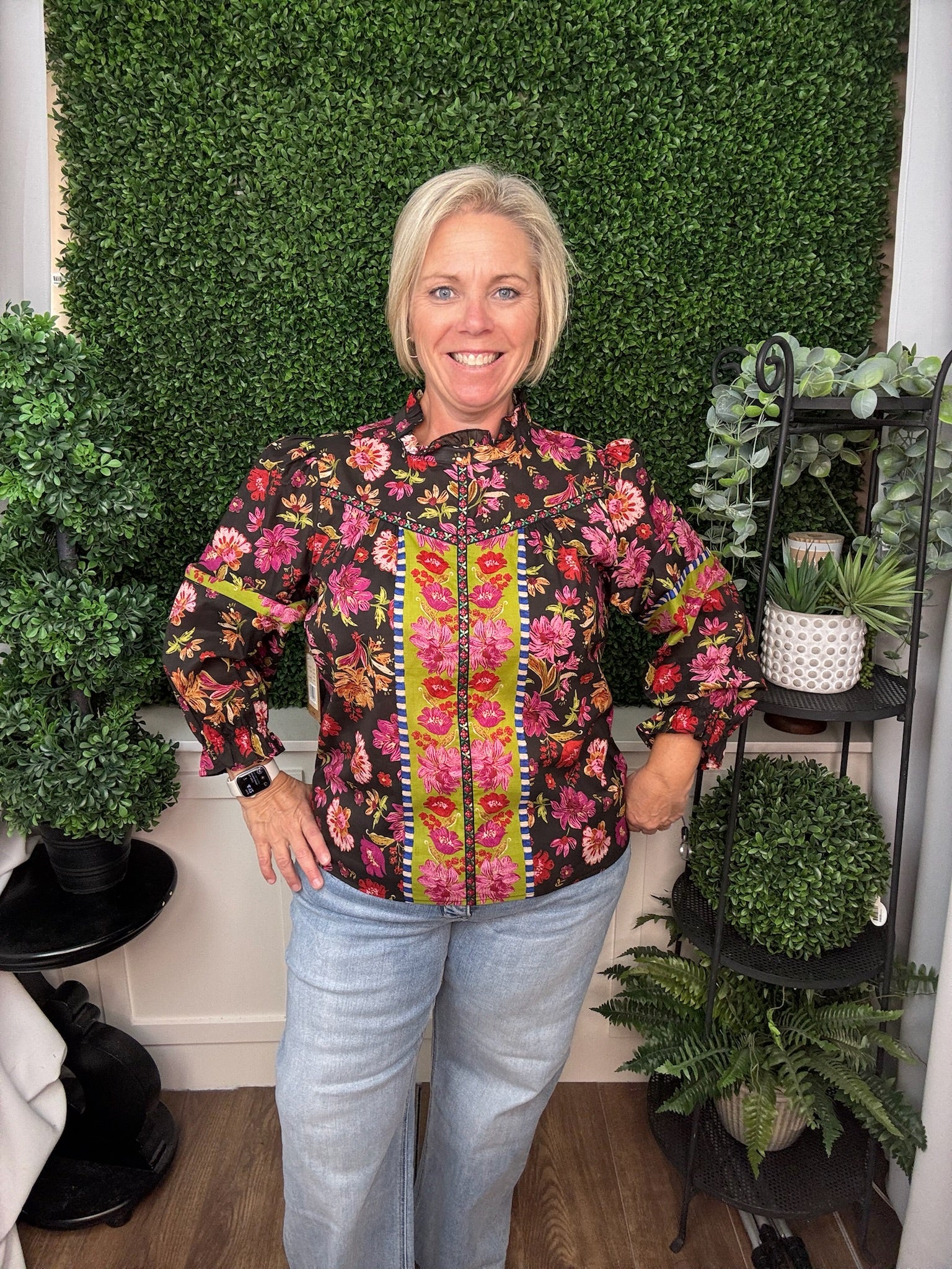 RUFFLE NECK MIXED PRINT TOP - MULTI
