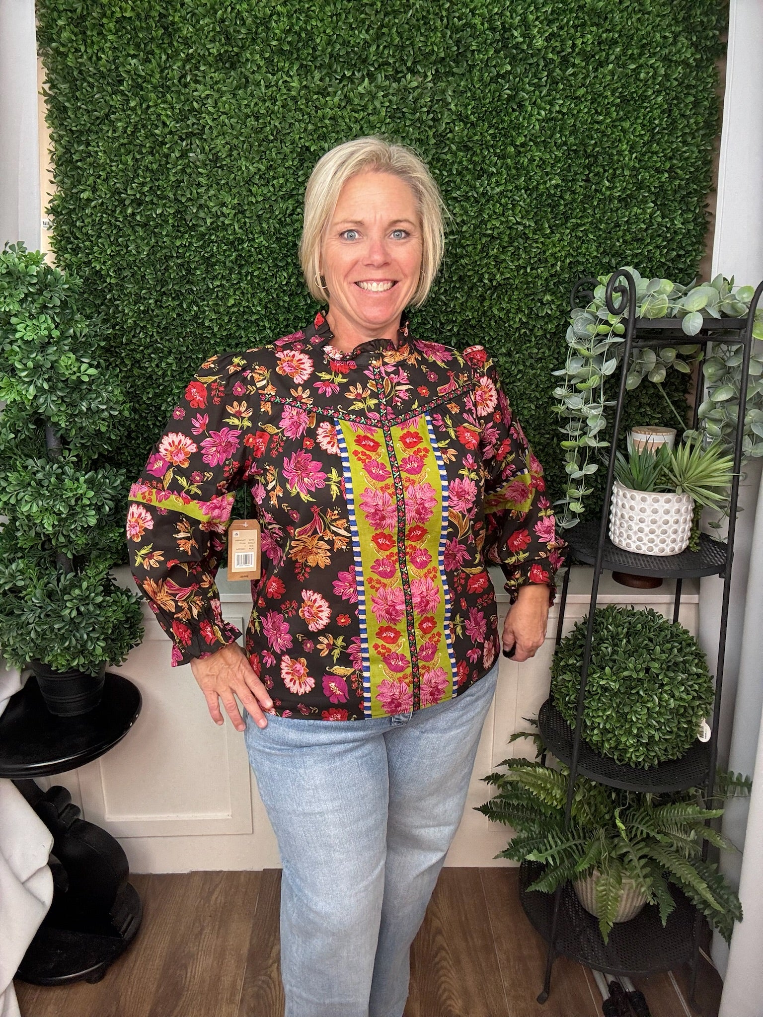 RUFFLE NECK MIXED PRINT TOP - MULTI