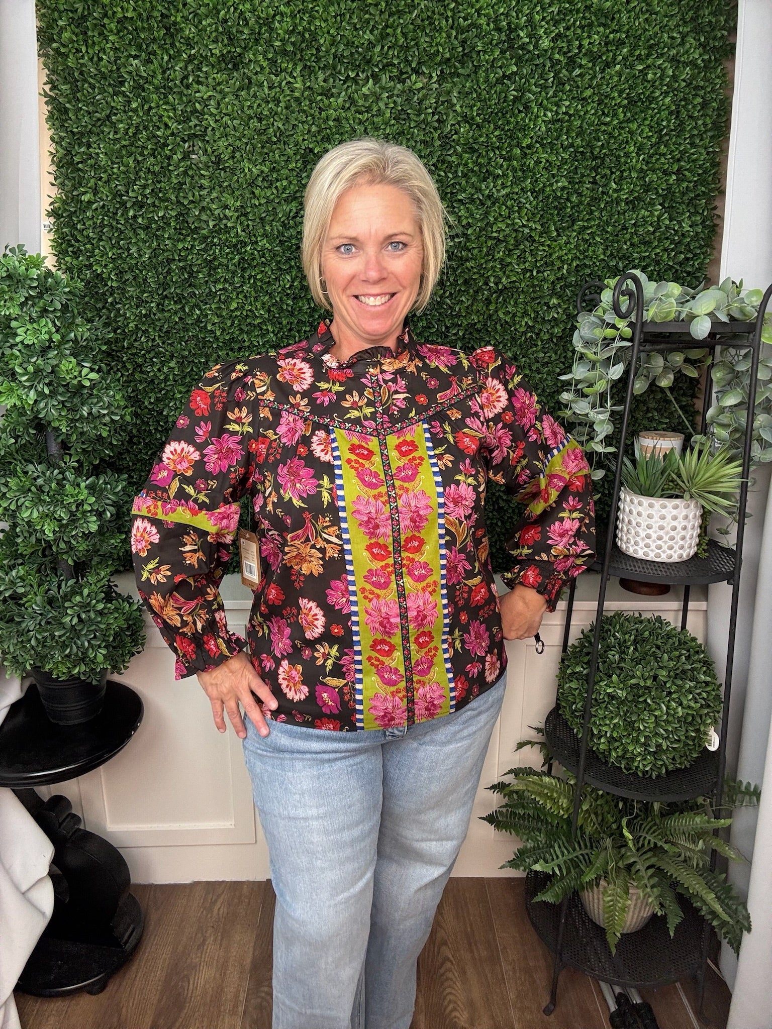 RUFFLE NECK MIXED PRINT TOP - MULTI