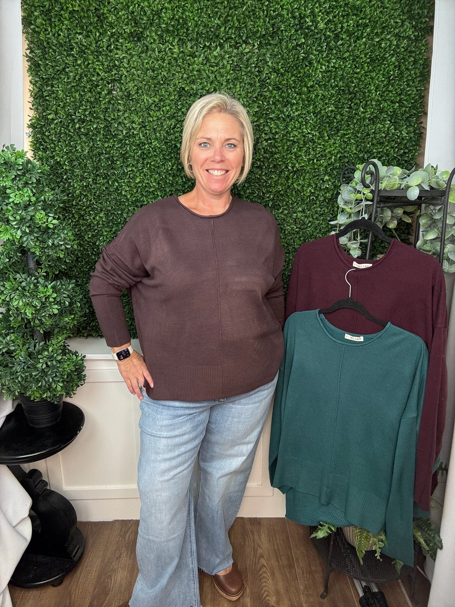 CLASSIC CREW NECK LONG SLEEVE KNIT SWEATER - COCOA/DARK CHERRY/DARK TEAL