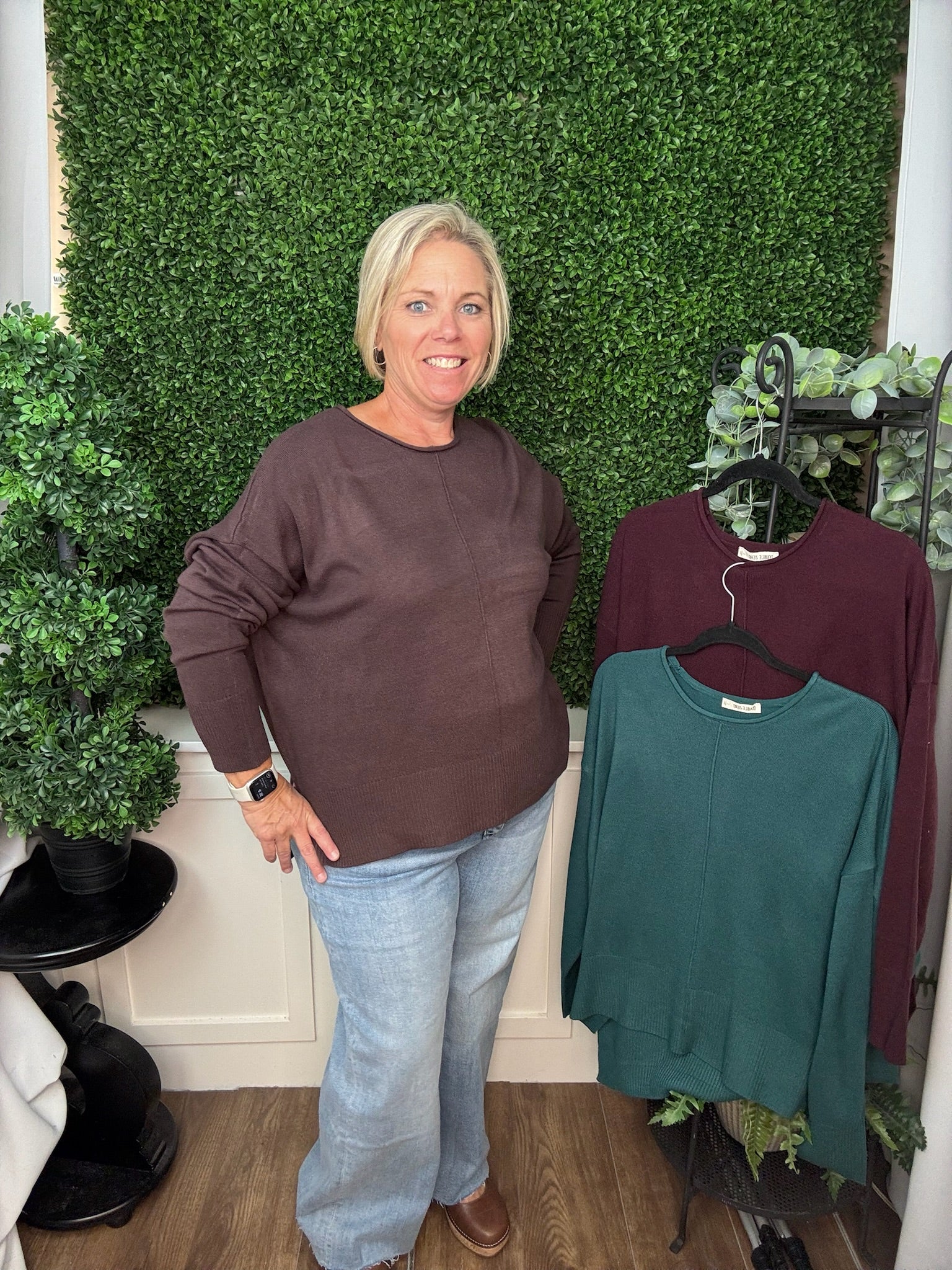 CLASSIC CREW NECK LONG SLEEVE KNIT SWEATER - COCOA/DARK CHERRY/DARK TEAL