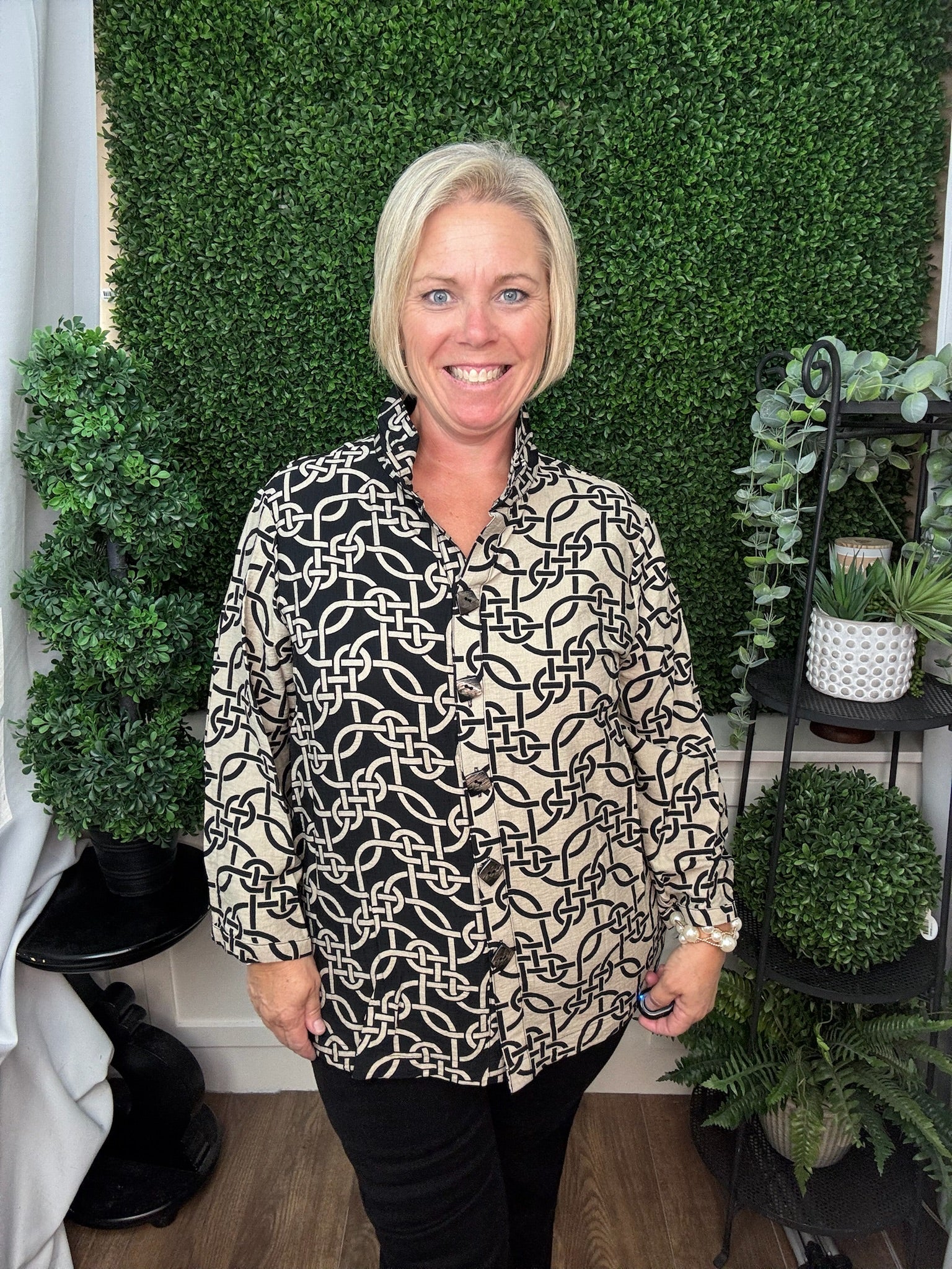 WOVEN BUTTON FRONT 3/4 SLEEVE TOP - LINEN MULTI
