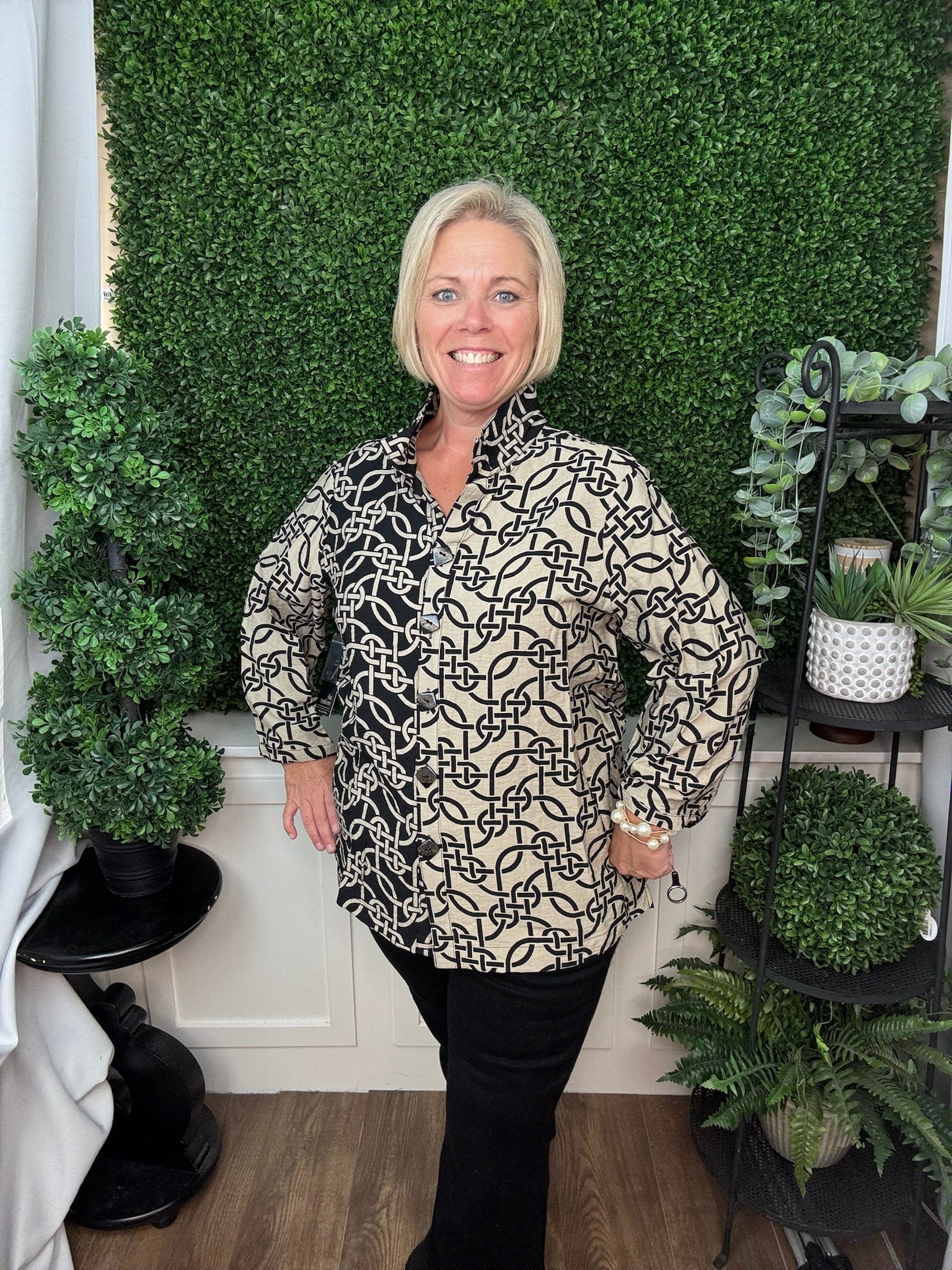 WOVEN BUTTON FRONT 3/4 SLEEVE TOP - LINEN MULTI