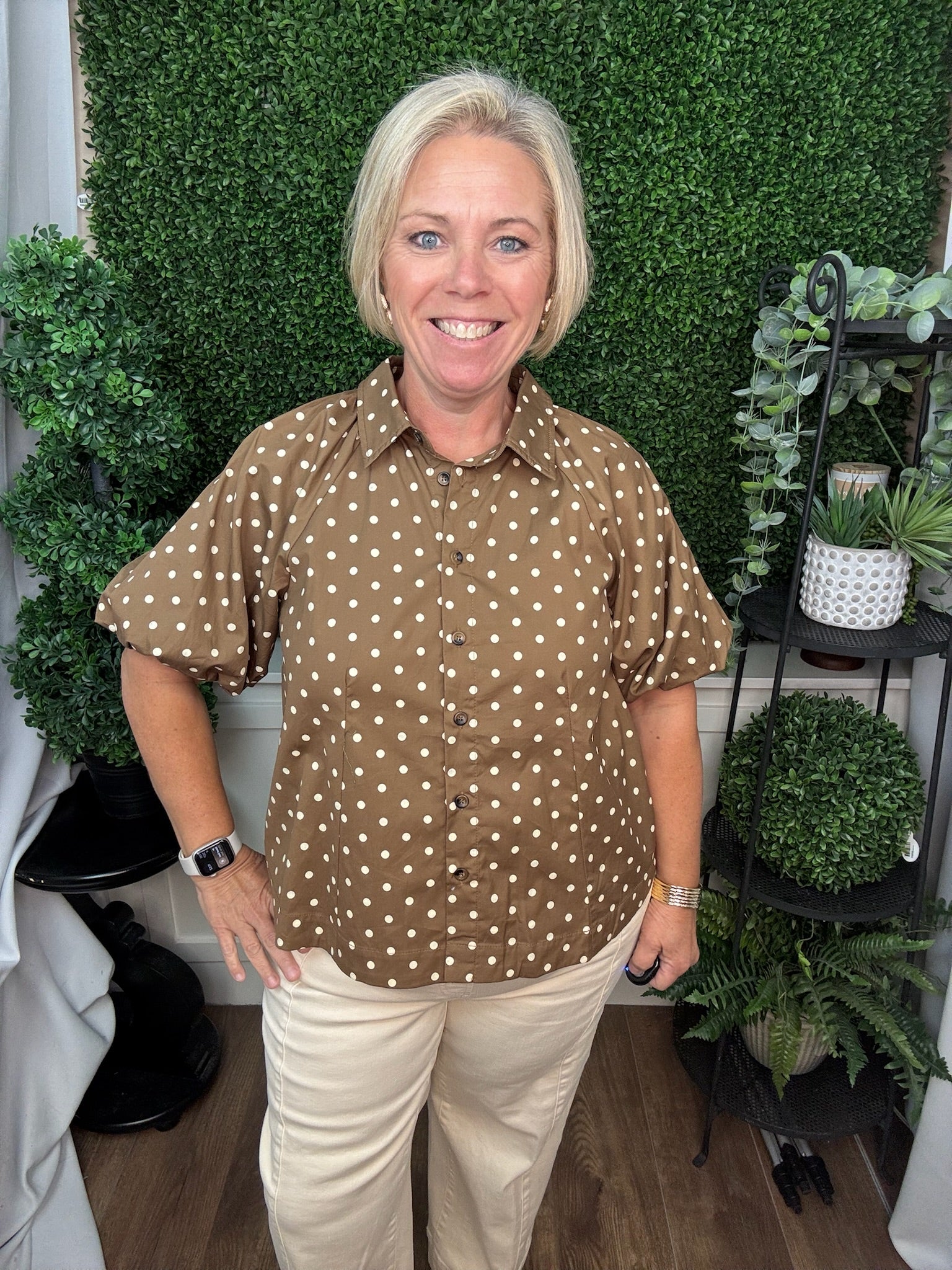POLKA DOT PUFF SLEEVE BLOUSE - MOCHA LATTE