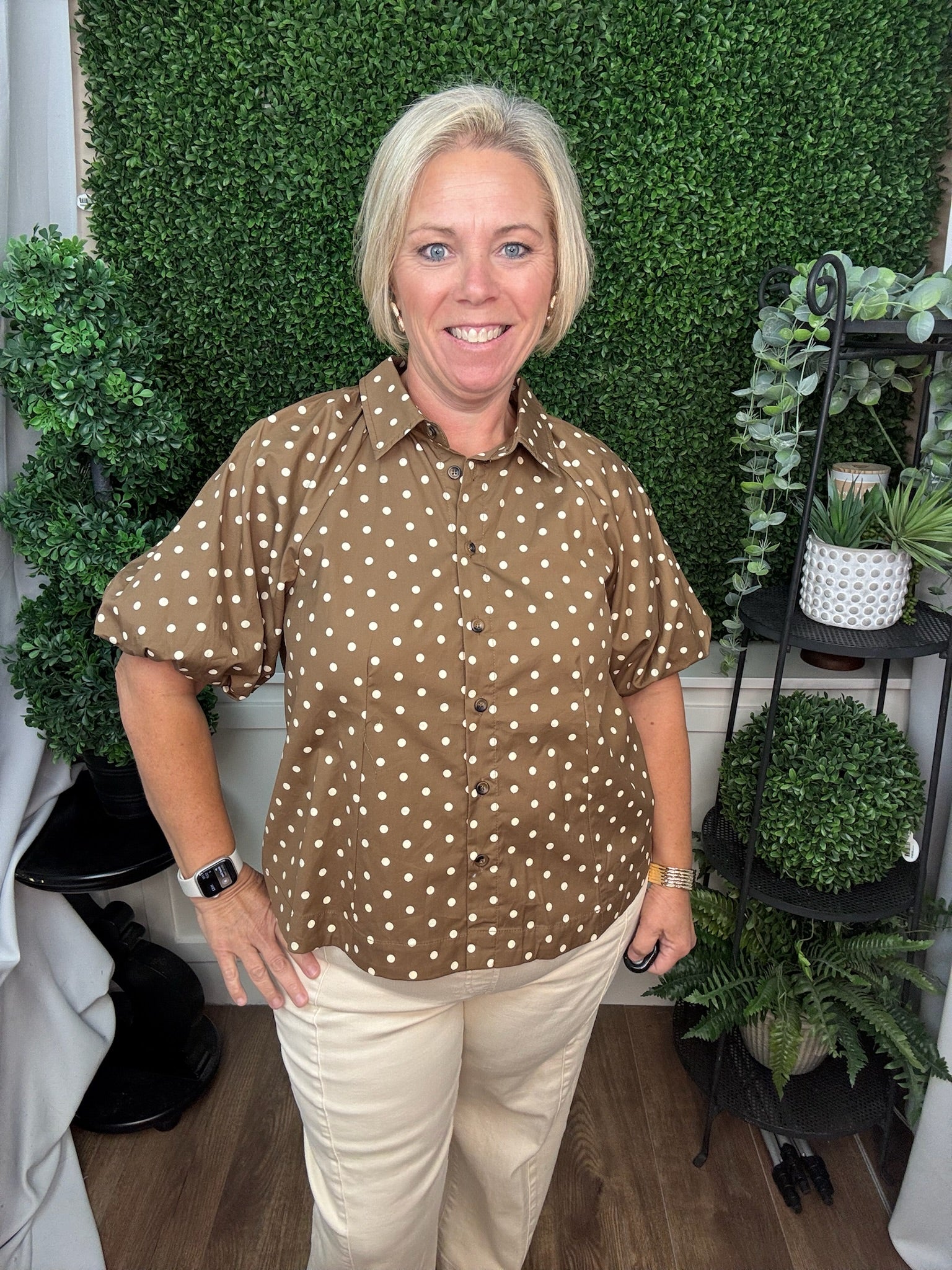 POLKA DOT PUFF SLEEVE BLOUSE - MOCHA LATTE