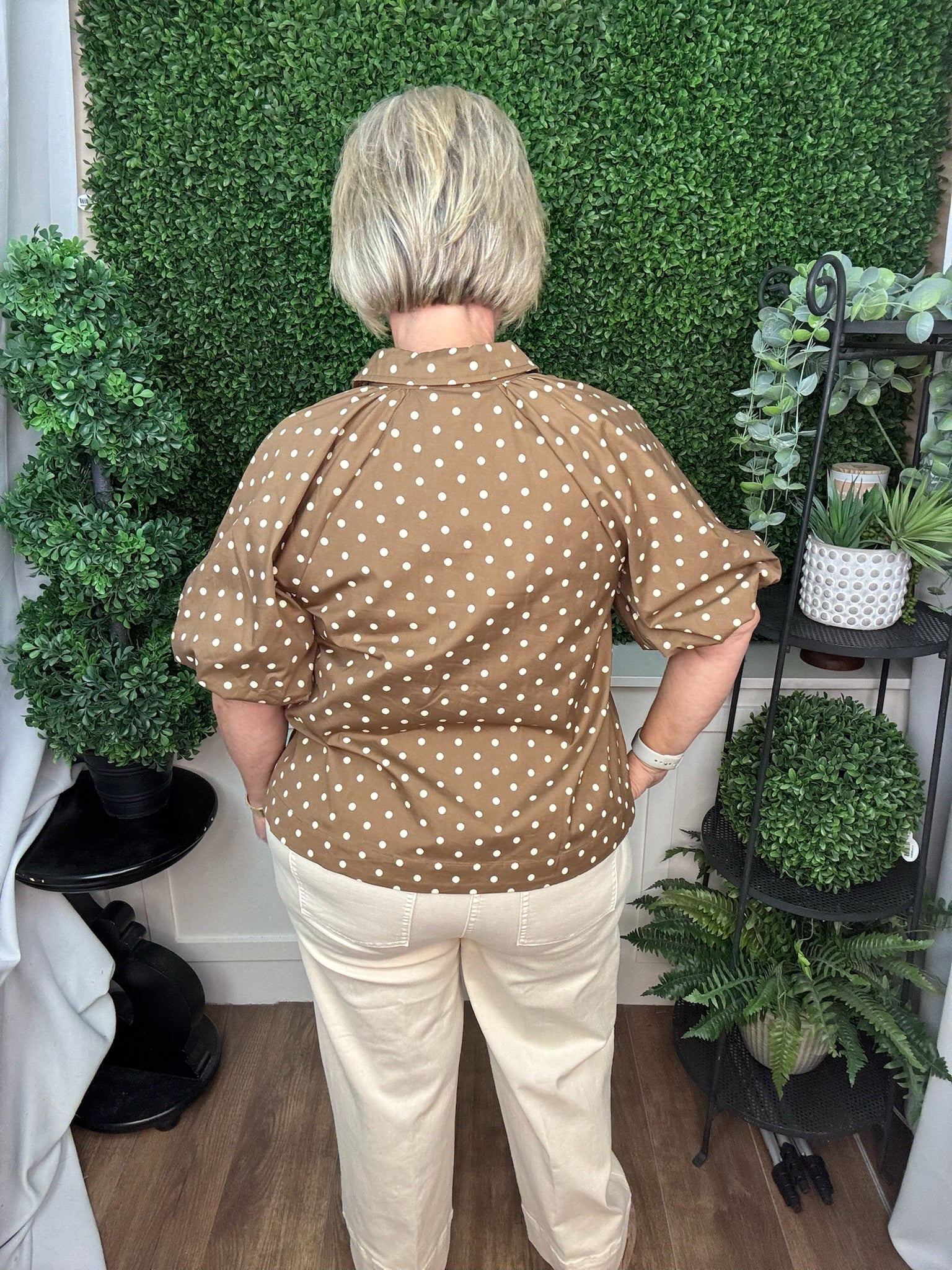 POLKA DOT PUFF SLEEVE BLOUSE - MOCHA LATTE