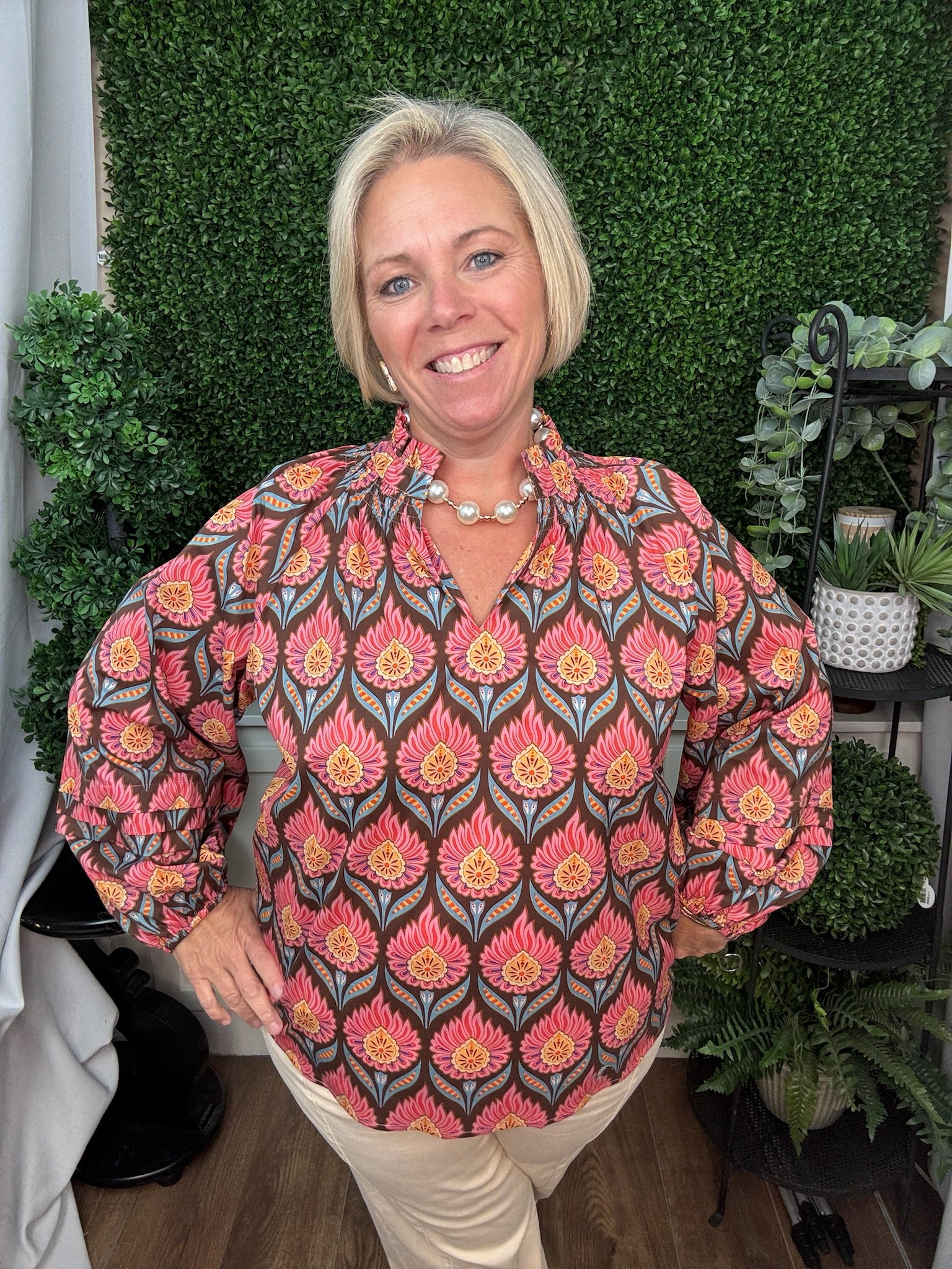 LONG SLEEVE RUFFLE NECK FLORAL PRINT BLOUSE - BROWN MIX
