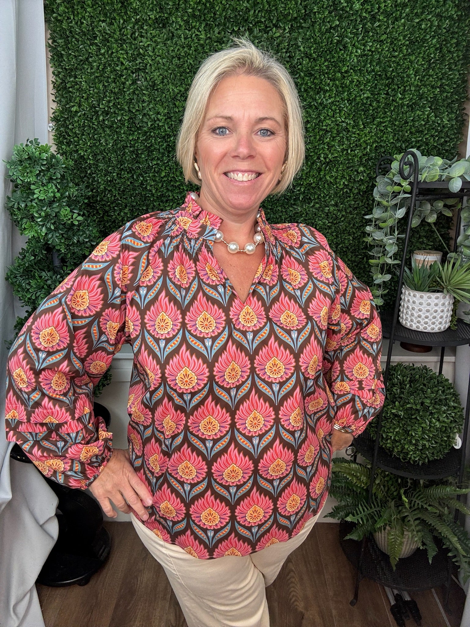 LONG SLEEVE RUFFLE NECK FLORAL PRINT BLOUSE - BROWN MIX
