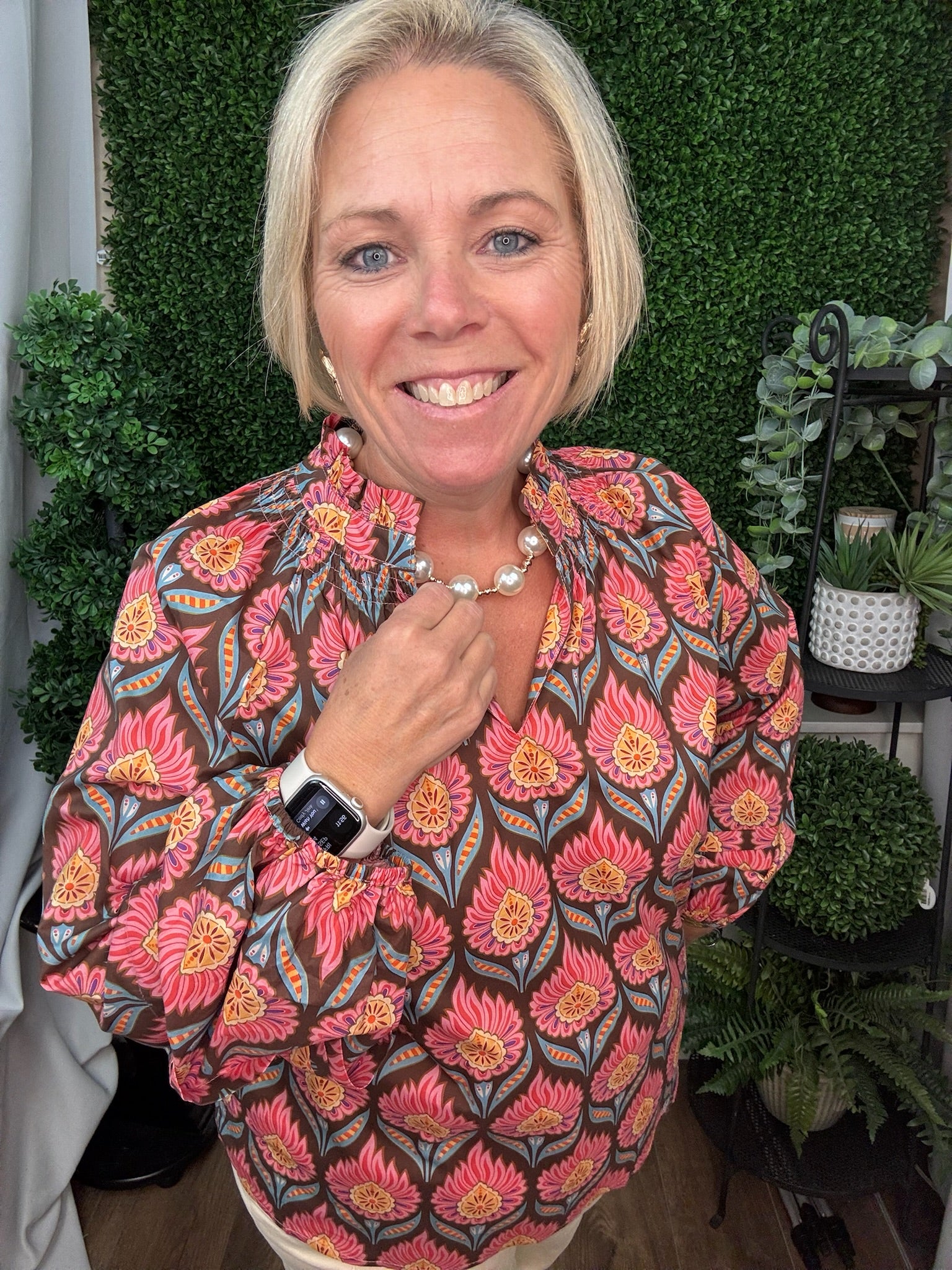 LONG SLEEVE RUFFLE NECK FLORAL PRINT BLOUSE - BROWN MIX