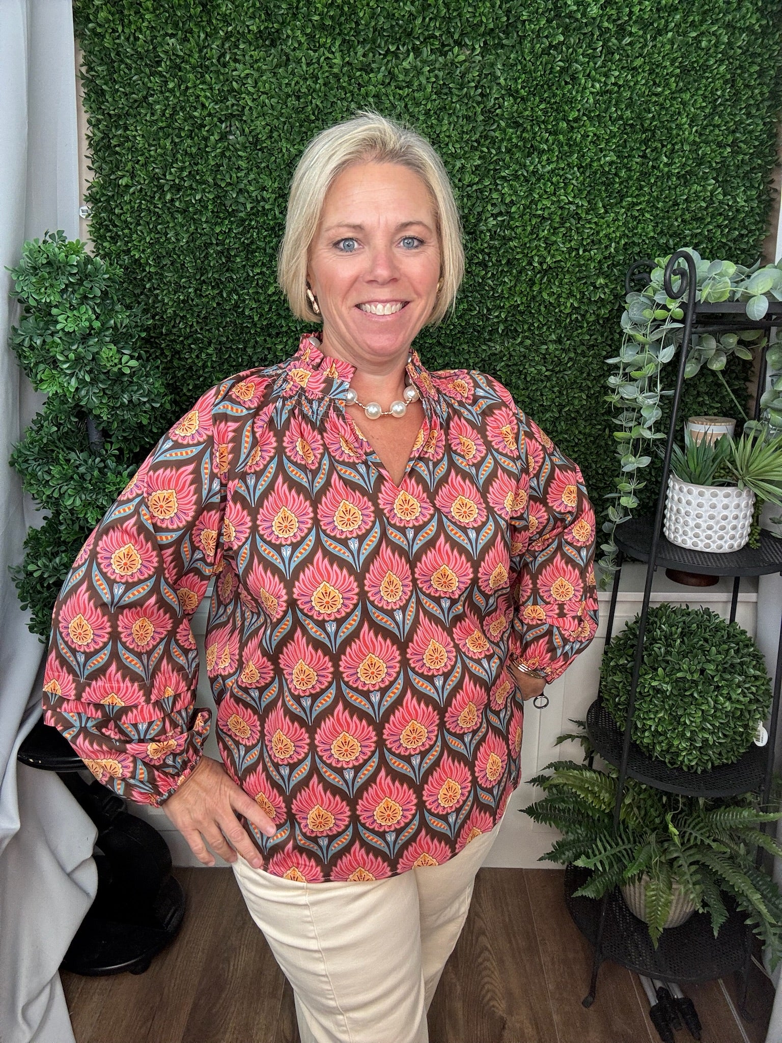 LONG SLEEVE RUFFLE NECK FLORAL PRINT BLOUSE - BROWN MIX