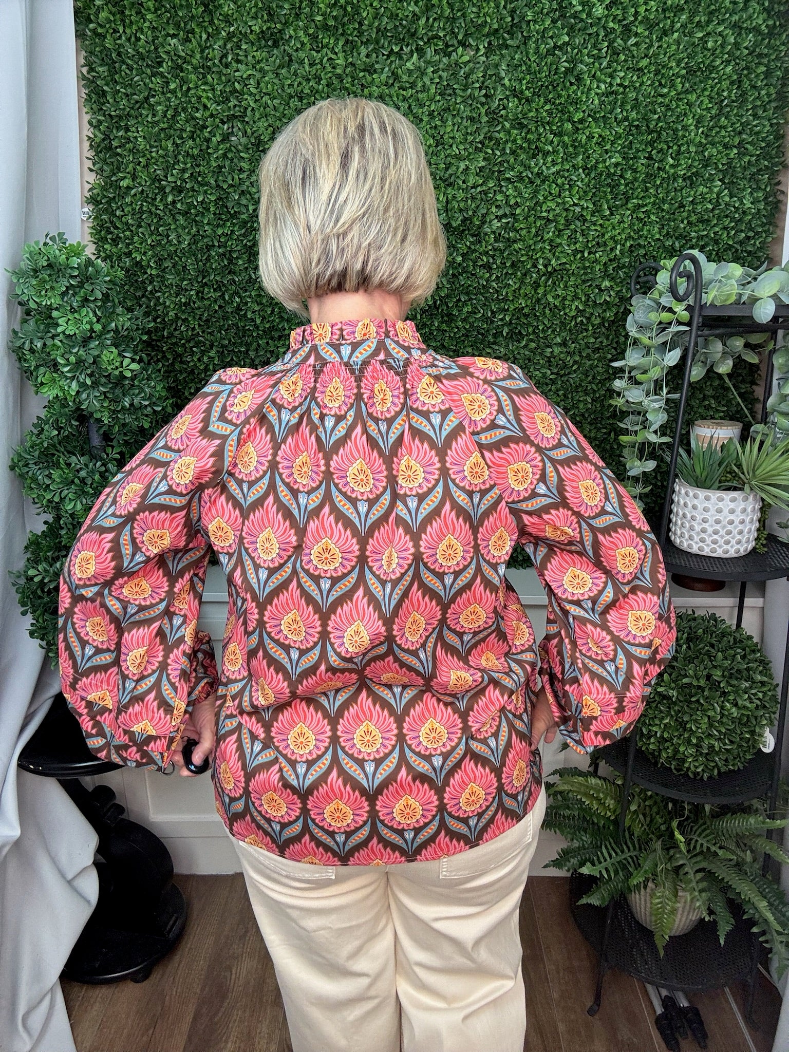 LONG SLEEVE RUFFLE NECK FLORAL PRINT BLOUSE - BROWN MIX