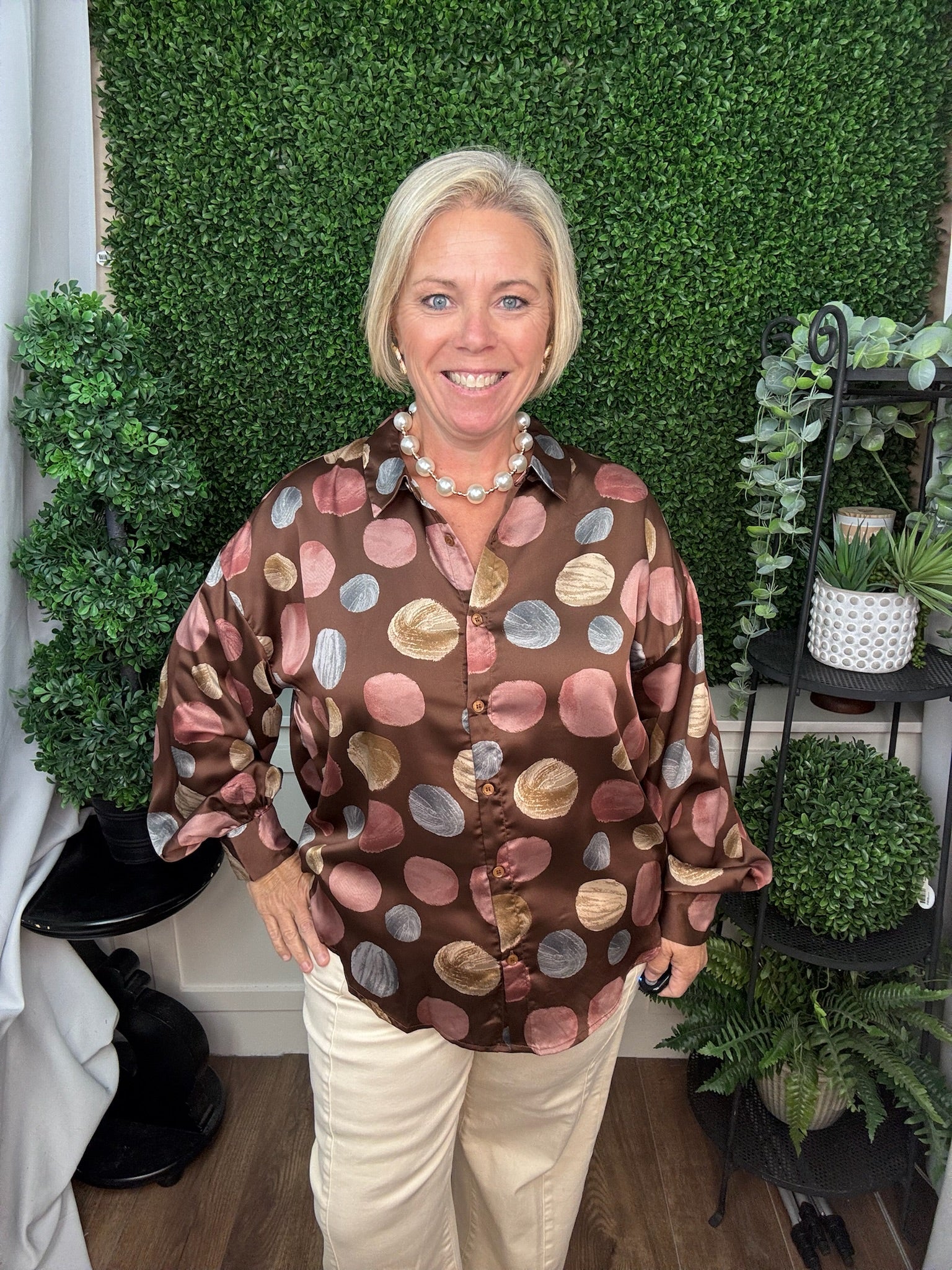 Multicolor Polka Dot Satin Button-Up Blouse