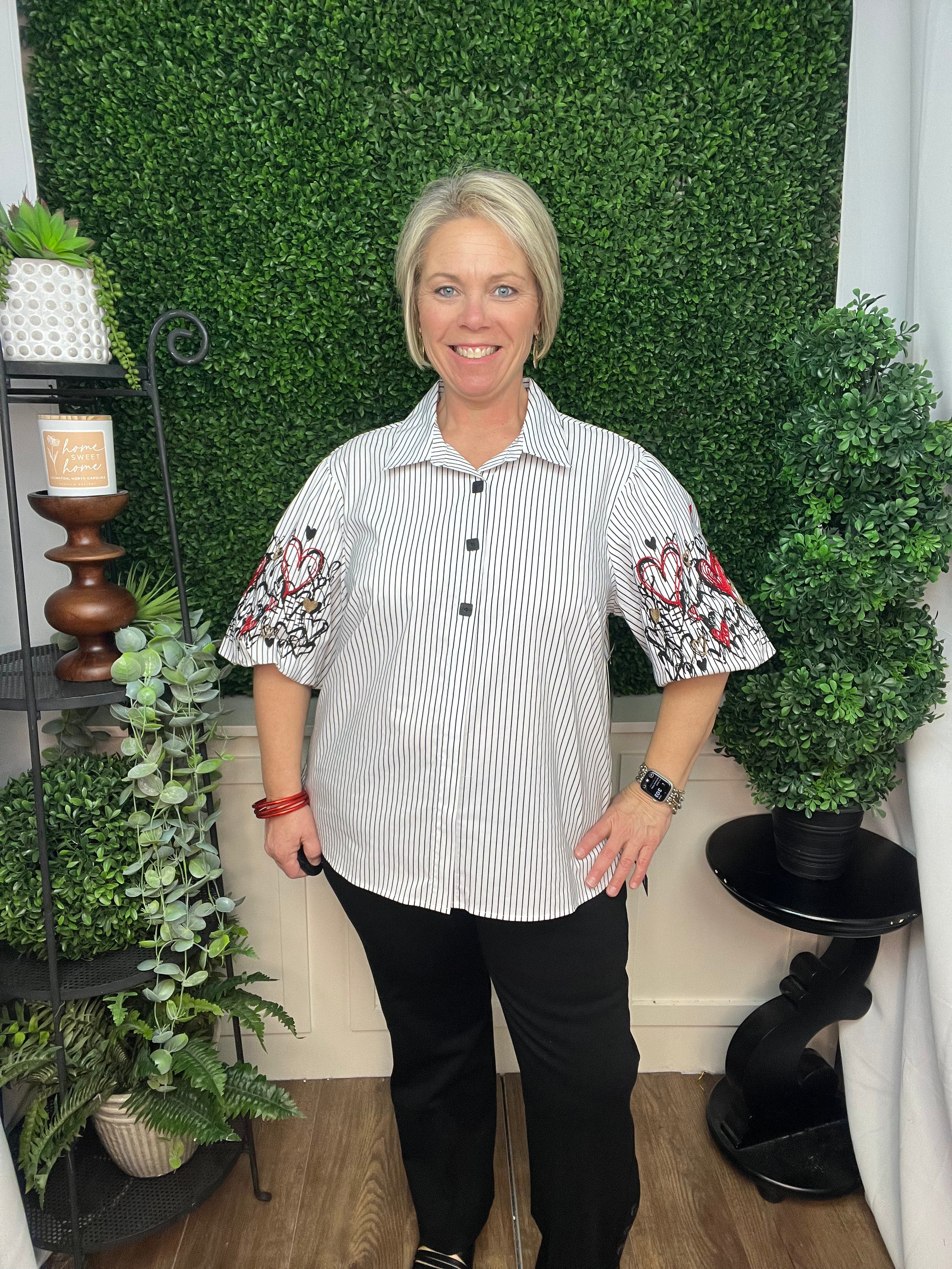 WOVEN YARN DYE BUTTON FRONT TOP W/EMBROIDERY - STRIPE MULTI