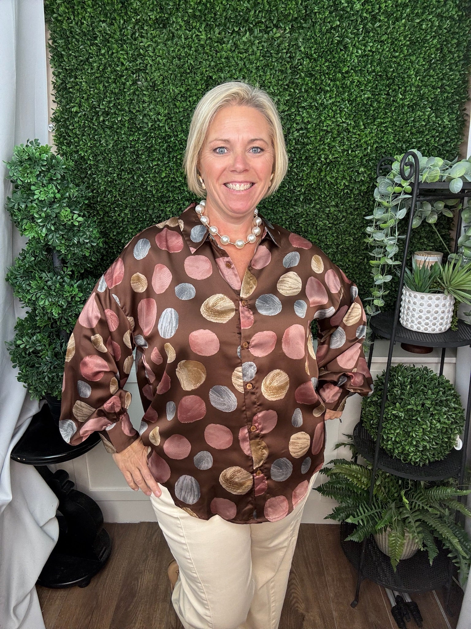 Multicolor Polka Dot Satin Button-Up Blouse