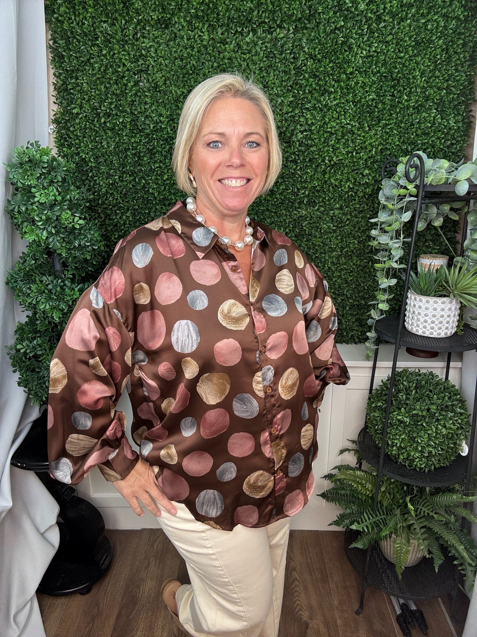 Multicolor Polka Dot Satin Button-Up Blouse