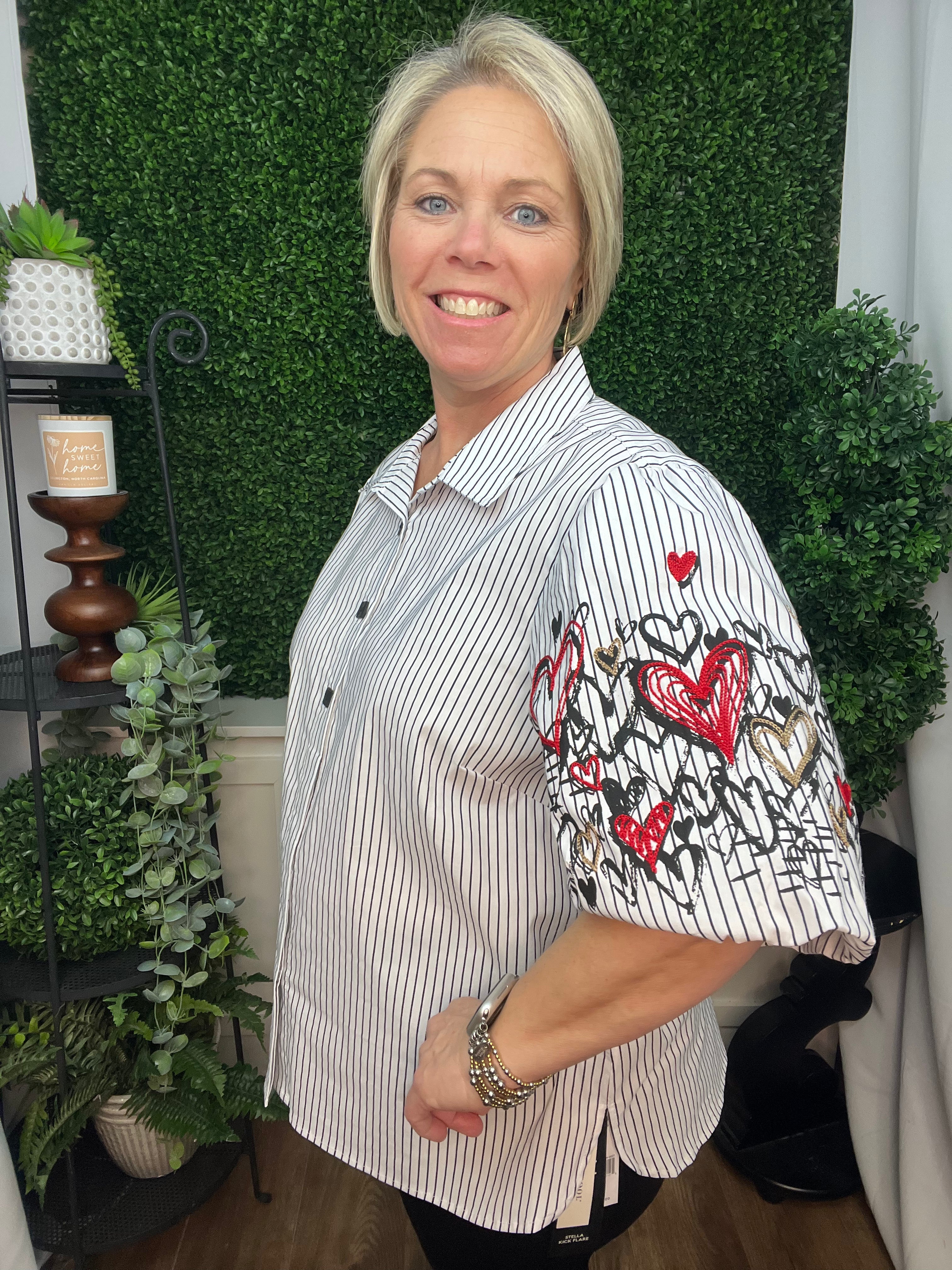 WOVEN YARN DYE BUTTON FRONT TOP W/EMBROIDERY - STRIPE MULTI