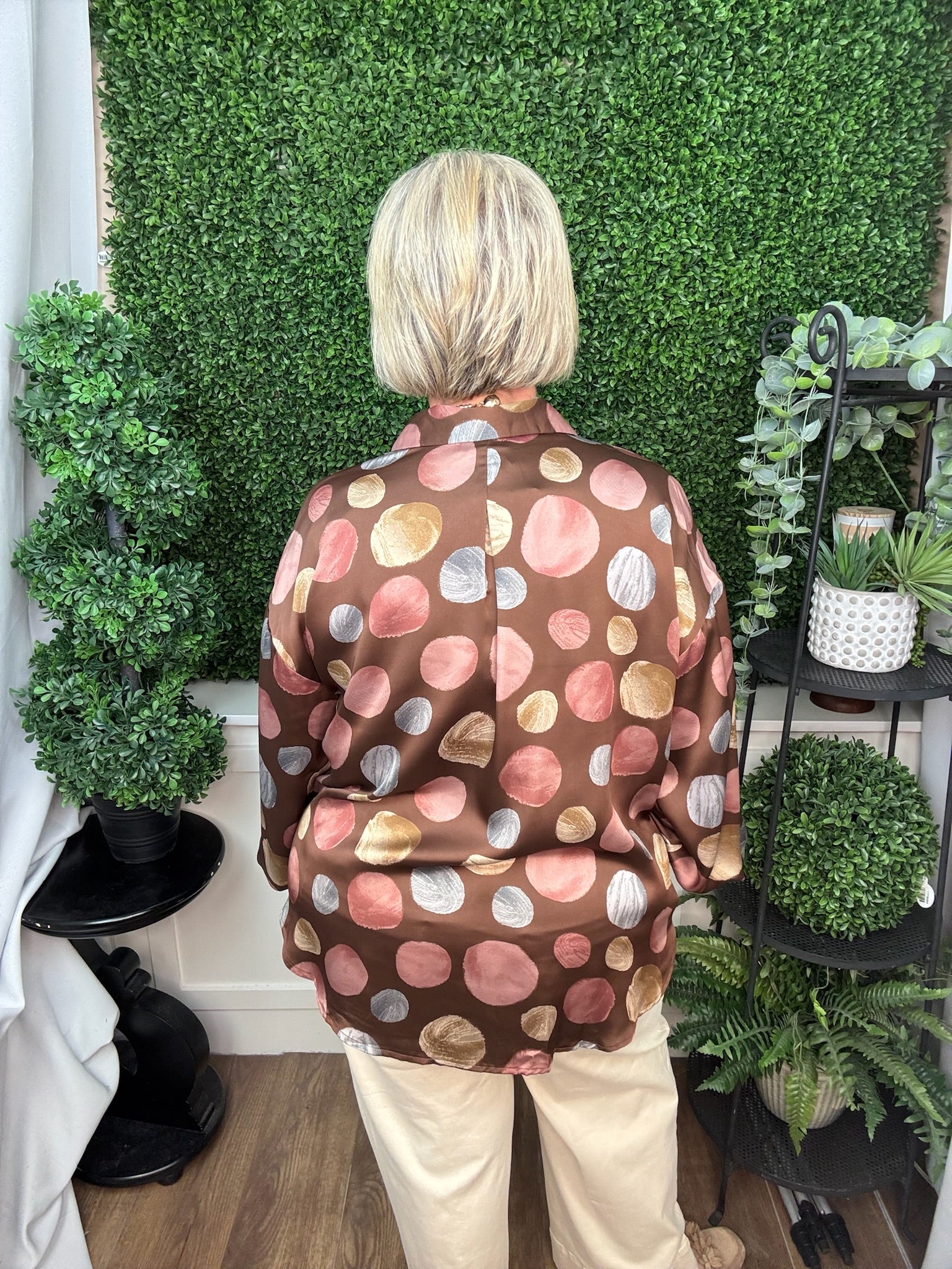Multicolor Polka Dot Satin Button-Up Blouse