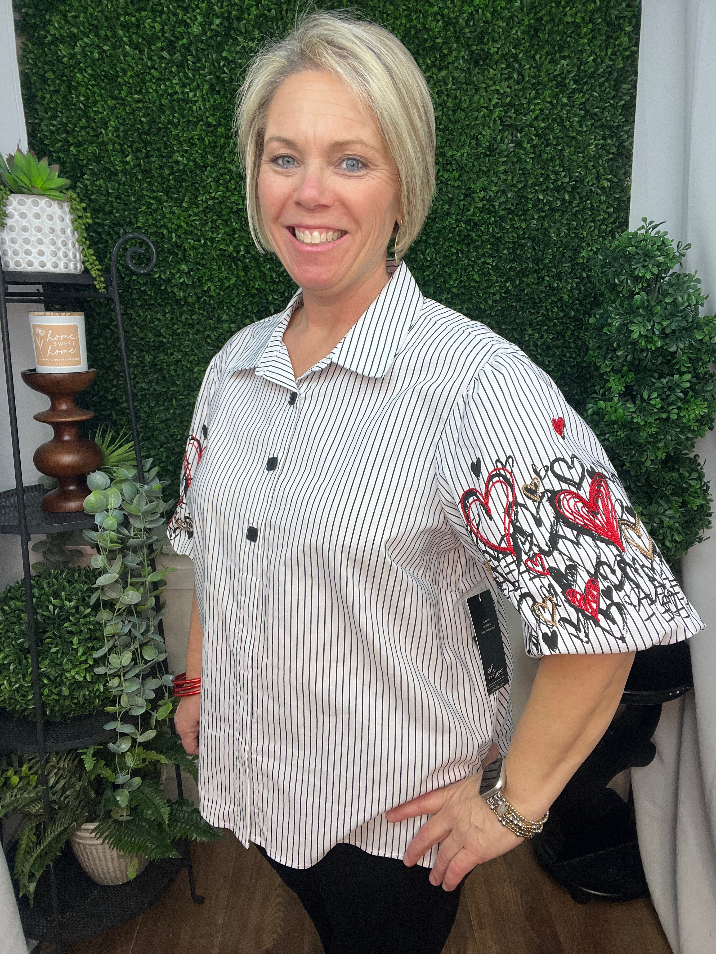 WOVEN YARN DYE BUTTON FRONT TOP W/EMBROIDERY - STRIPE MULTI