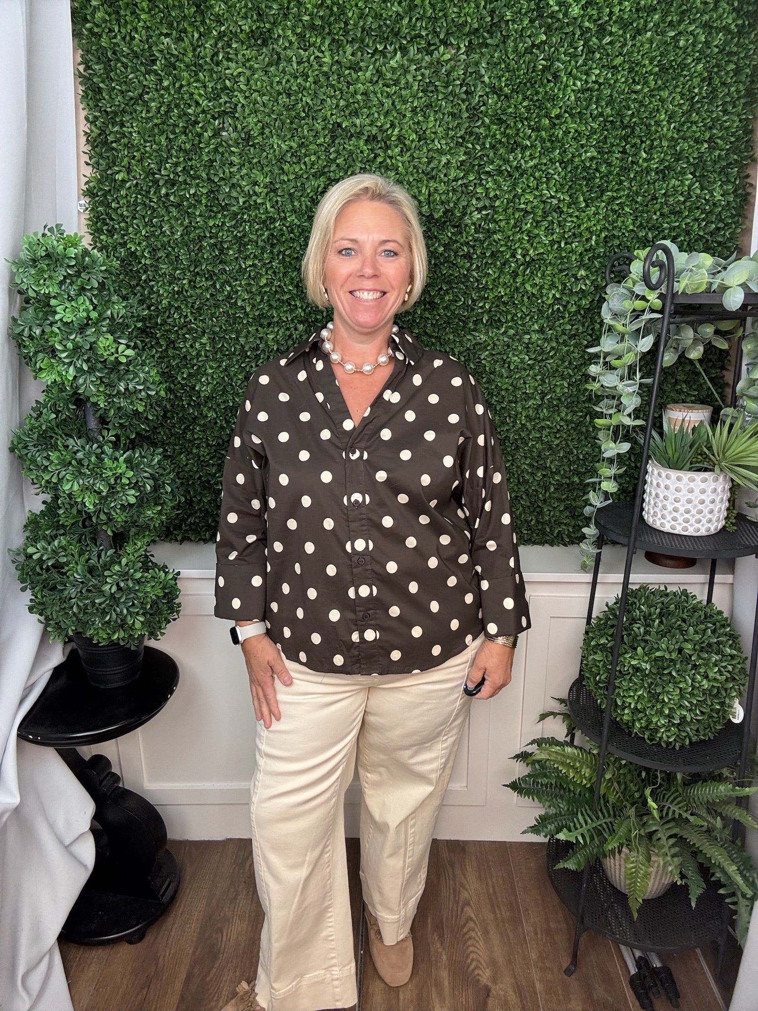 BUTTON DOWN POLKA DOT BLOUSE - ESPRESSO