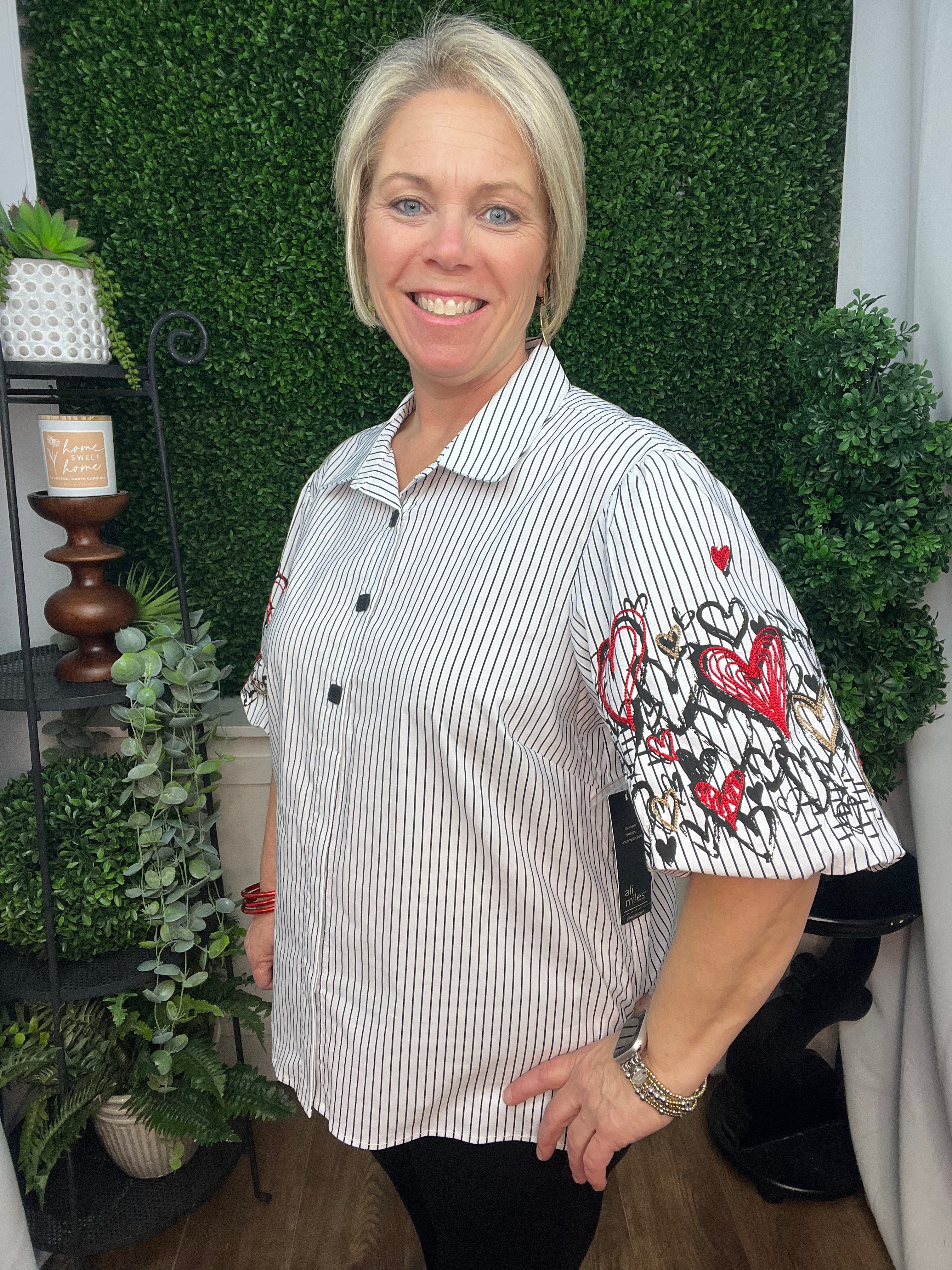 WOVEN YARN DYE BUTTON FRONT TOP W/EMBROIDERY - STRIPE MULTI