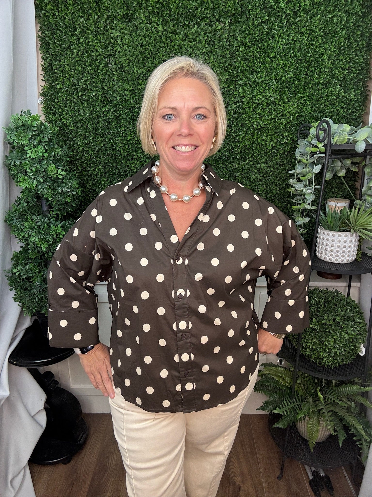 BUTTON DOWN POLKA DOT BLOUSE - ESPRESSO