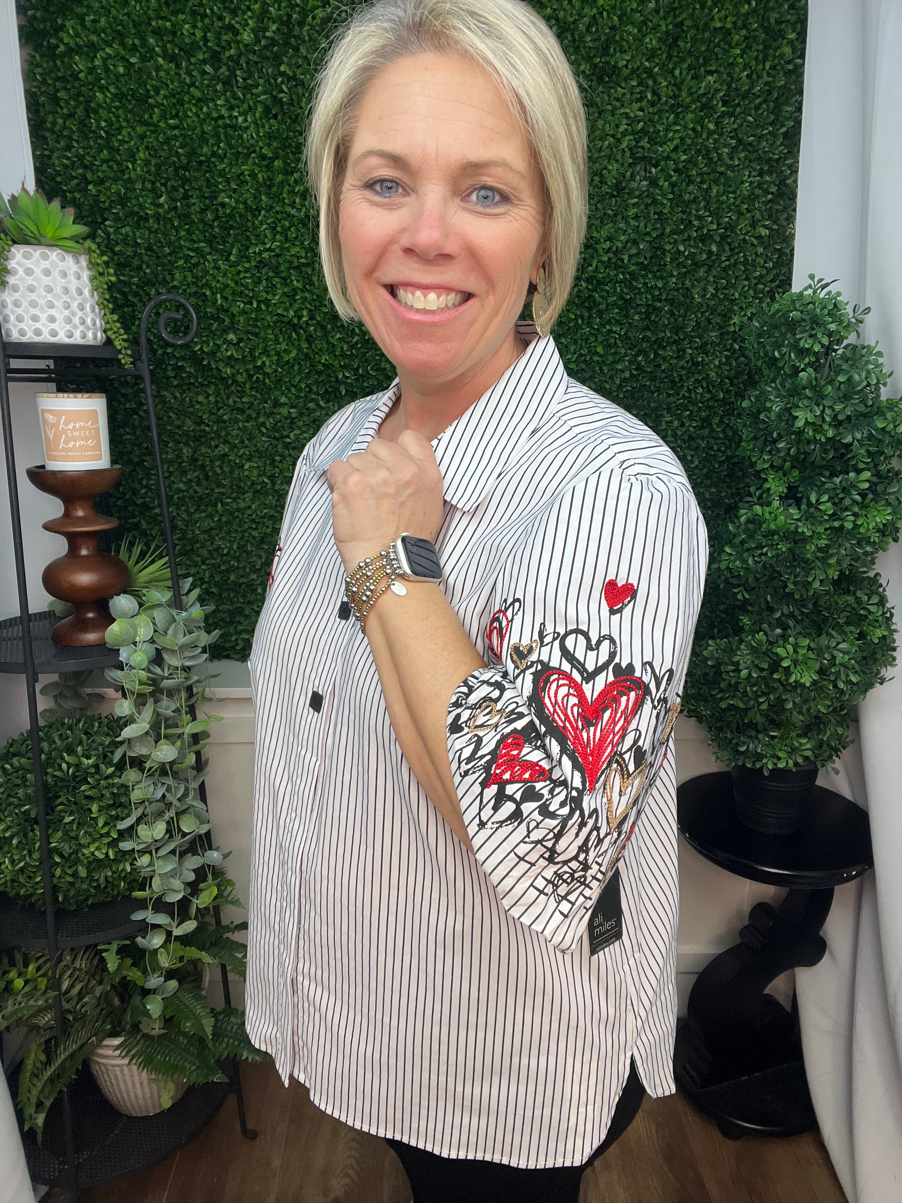 WOVEN YARN DYE BUTTON FRONT TOP W/EMBROIDERY - STRIPE MULTI