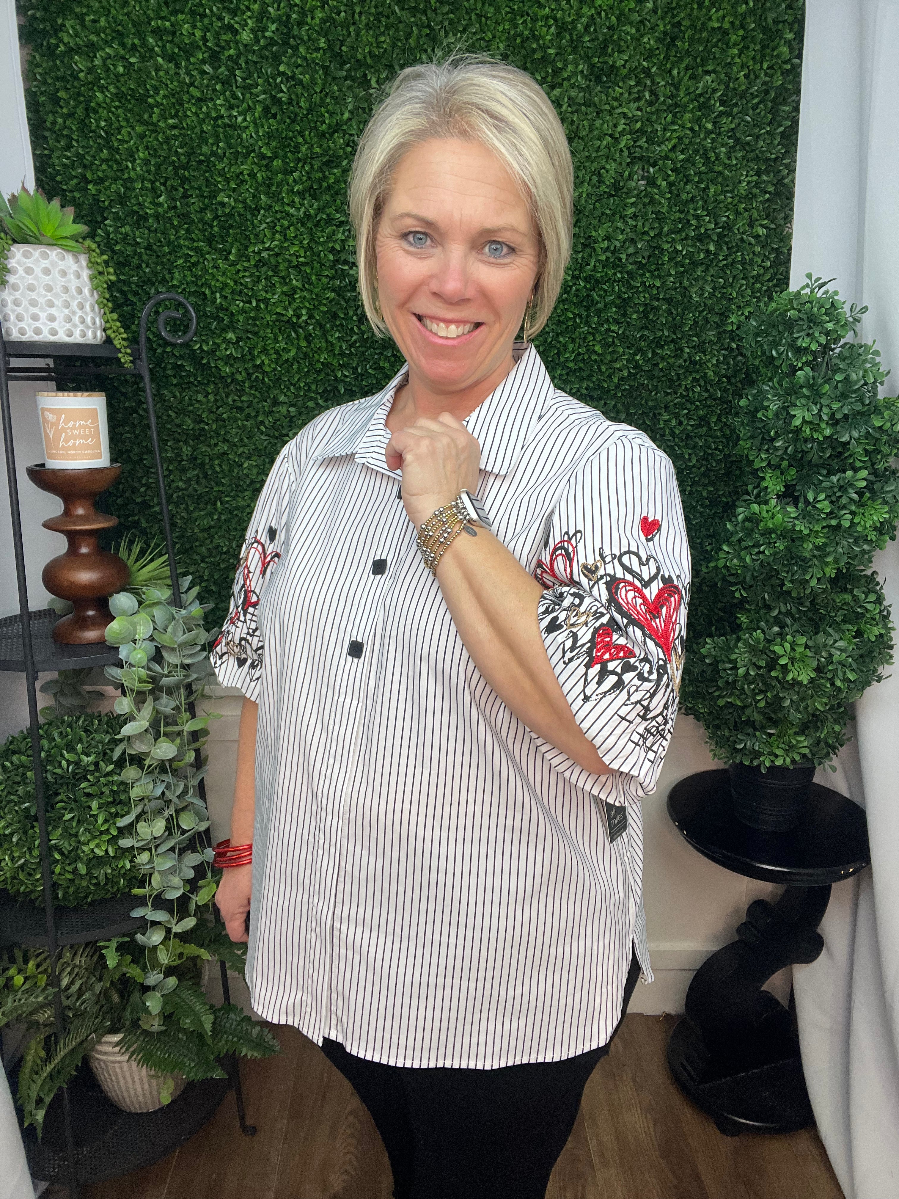 WOVEN YARN DYE BUTTON FRONT TOP W/EMBROIDERY - STRIPE MULTI