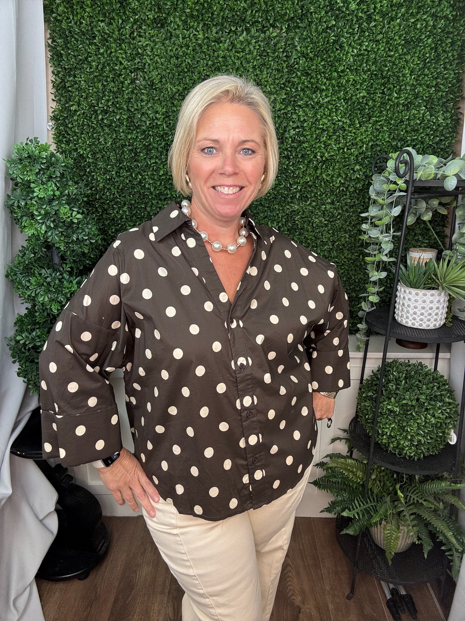 BUTTON DOWN POLKA DOT BLOUSE - ESPRESSO