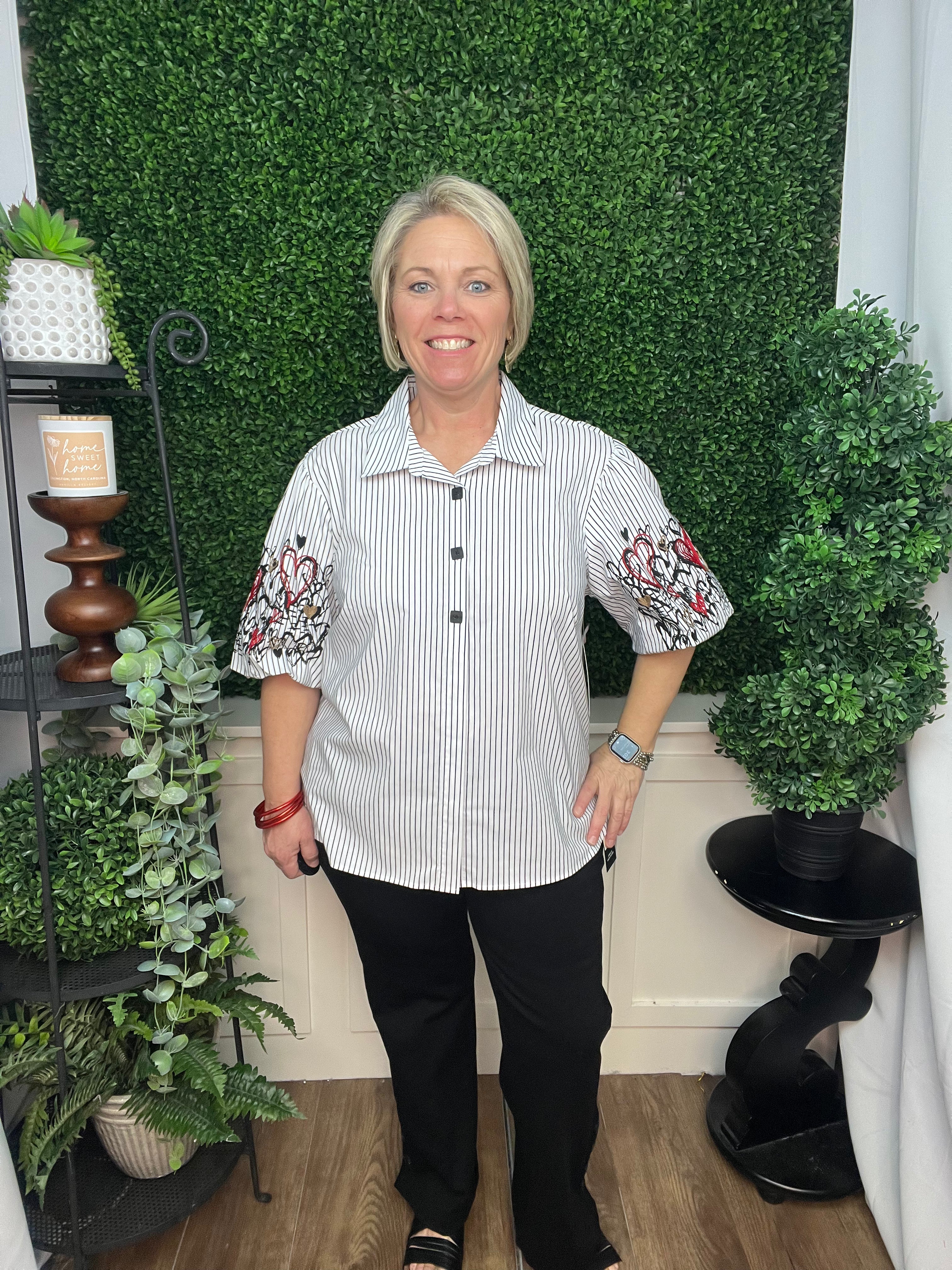 WOVEN YARN DYE BUTTON FRONT TOP W/EMBROIDERY - STRIPE MULTI