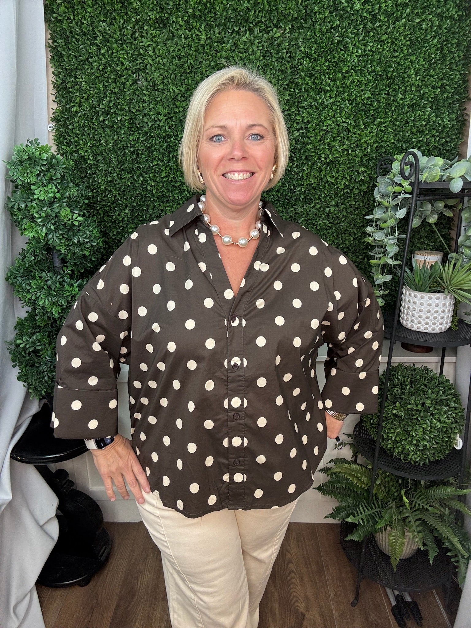 BUTTON DOWN POLKA DOT BLOUSE - ESPRESSO